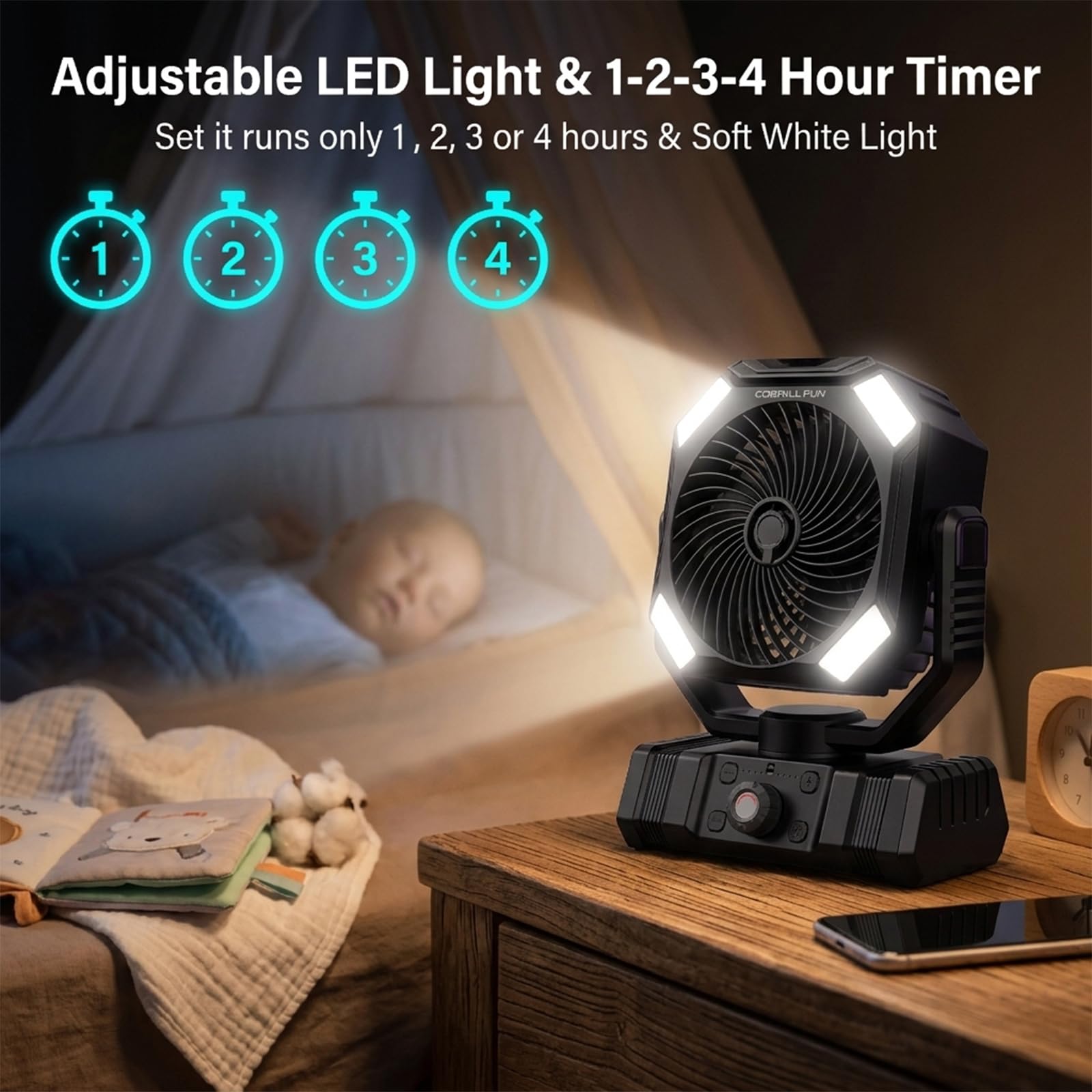 Ventilateur à Batterie avec Brumisation, Ventilateur Portable Rechargeable 10000mAh, Ventilateur Oscillant avec Réservoir 300mL, Télécommande, Lumière LED, Minuterie pour Camping Terrasse Plage Bureau