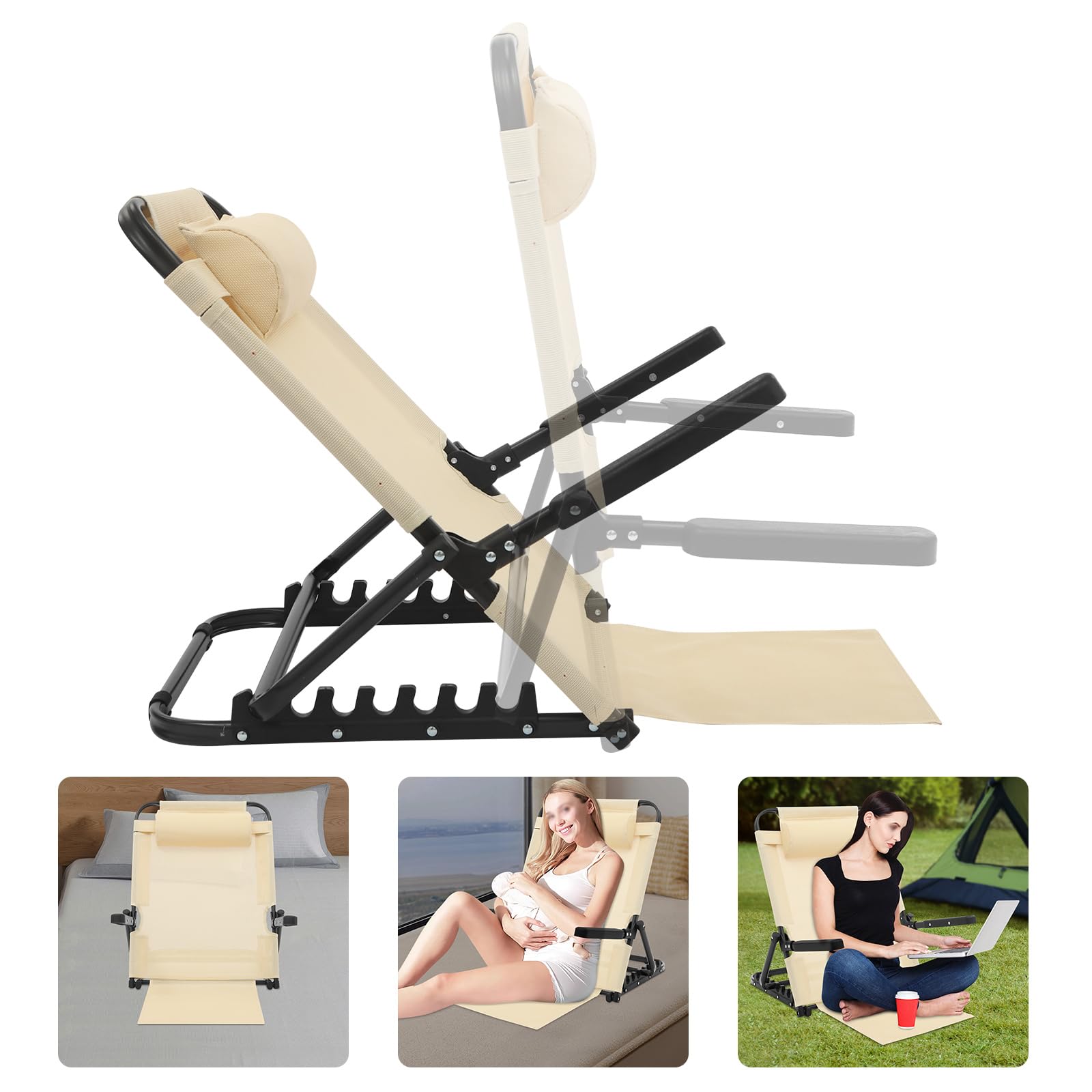 Tapischion Adjustable Lifting Bed Backrest, Foldable Sit Up Back Rest Multifunctional Chair with Arms Headrest, Support 330.69lbs (Khaki)