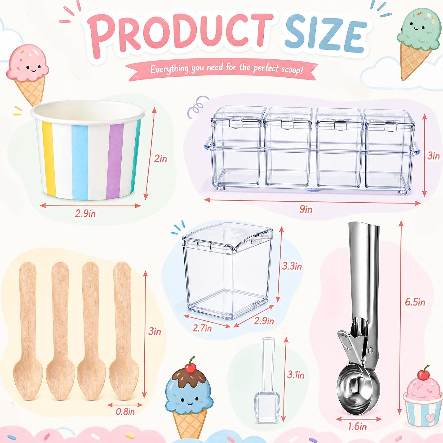 105 Pcs Ice Cream Party Supplies Summer Ice Cream Bar Kit for 50 Guests with Toppings Seasoning Box, Cups & Spoons, Scoops for Summer, Birthday, Baby Shower, BBQ Wedding Party Favors