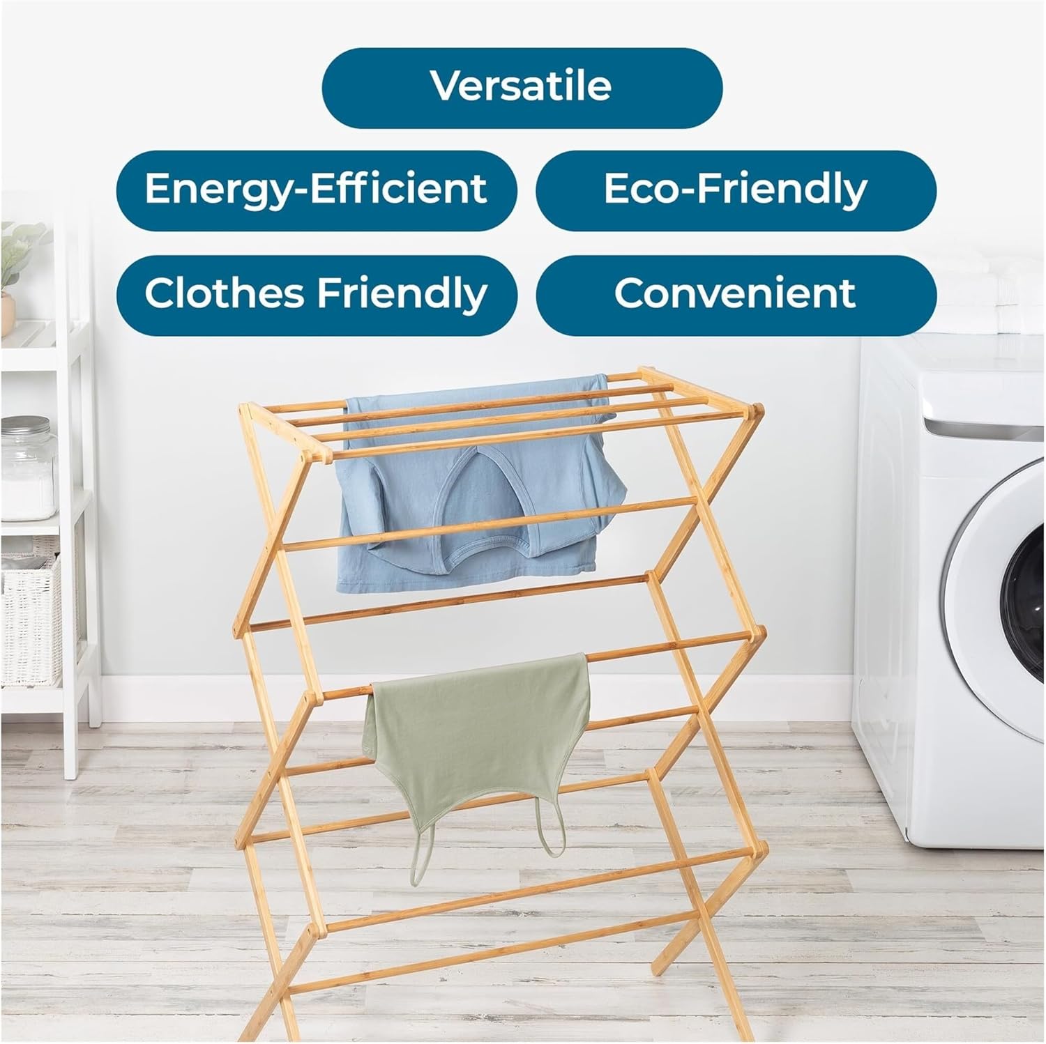 Collapsible Bamboo Drying Rack - Foldable Laundry Rack with 25 Feet Drying Space, Indoor Outdoor Clothes Airer for Towels, Blankets & Delicates