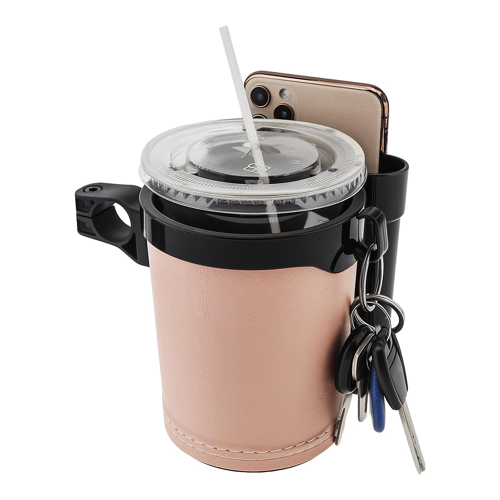 Tobefore 3-in-1 Bike Cup Holder with Phone Case and Key Hook -Water Bottle Holder for Walker/Wheelchair/Stroller/Scooter, Fits 0.87" Round Handlebar & 2.7" Cup Base (Beige)