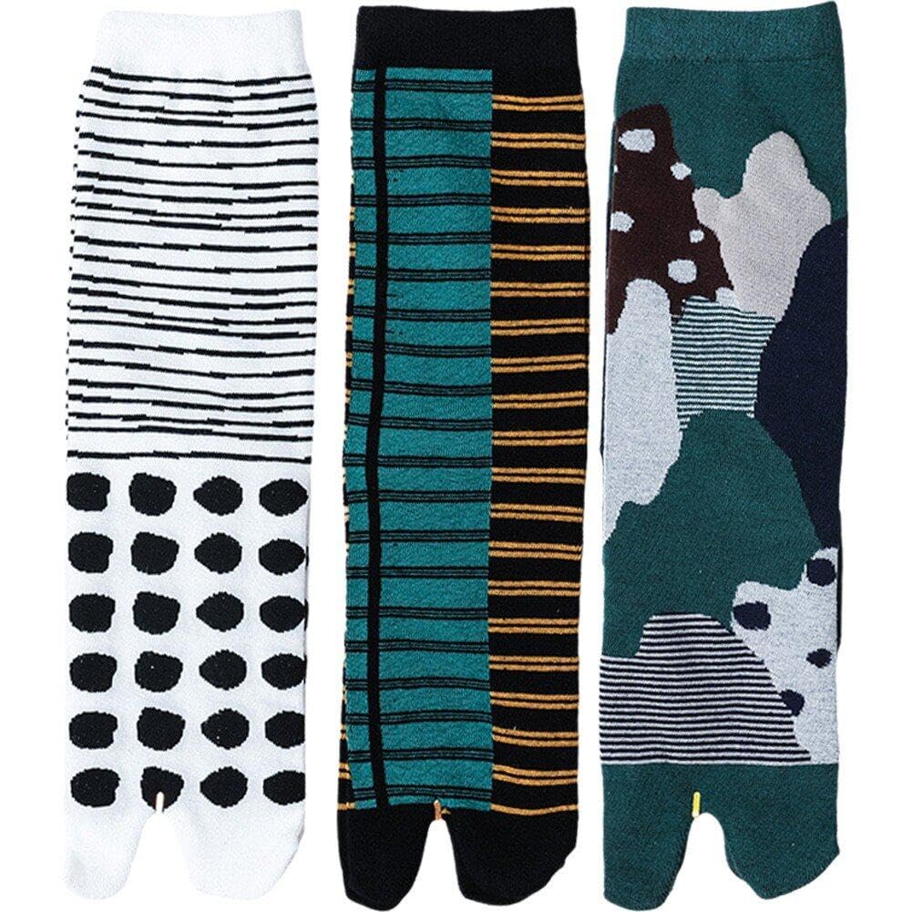 Wudaizhi Men's Style1 3 Pairs Two-Toed Socks Split Toe Socks Tabi Socks Cotton Japanese Geta Socks Comfortable Retro Two-Toed Middle Tube Socks