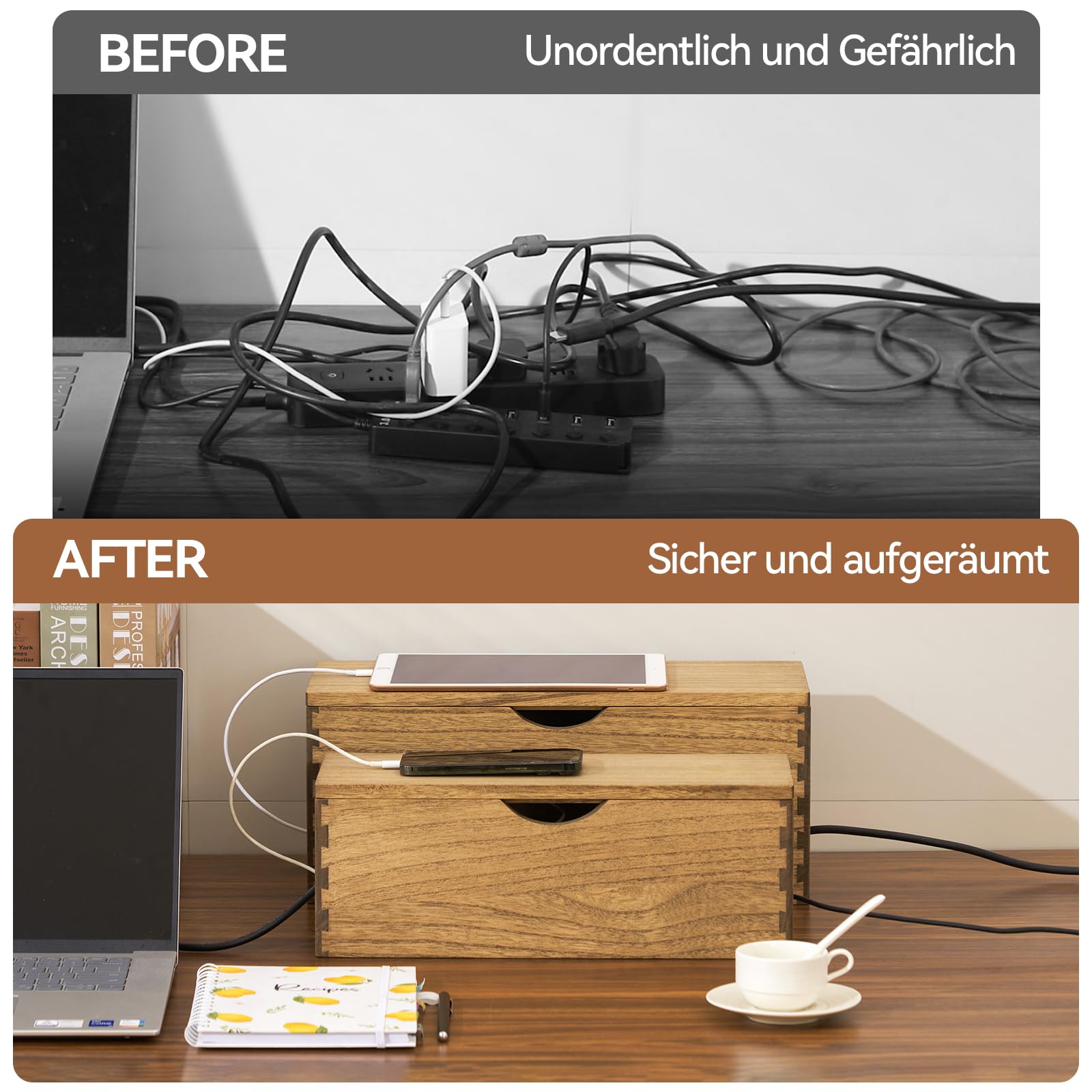 KIRIGEN Kabelbox aus Paulownia-Holz, 2er-Set mit klappbarem Deckel, Kabelmanagement-Box für Steckdosenleisten, Ladegeräte und Netzteile, inklusive 10 Kabelbindern, Dunkelbraun