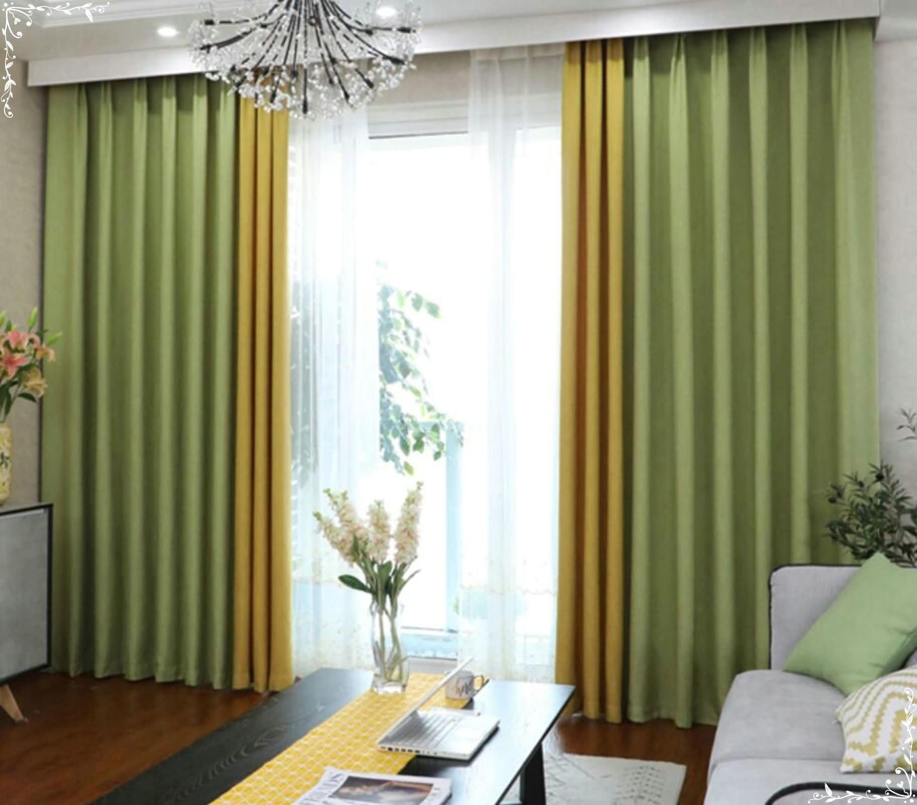 Tenda Ad Occhielli Moderna,2 x 96W x 115H CM,Tende Finestra Camera da Letto Oscuranti 2 Pezzi Splicing a Tinta Unita Tenda da Camera da Letto Giallo Verde