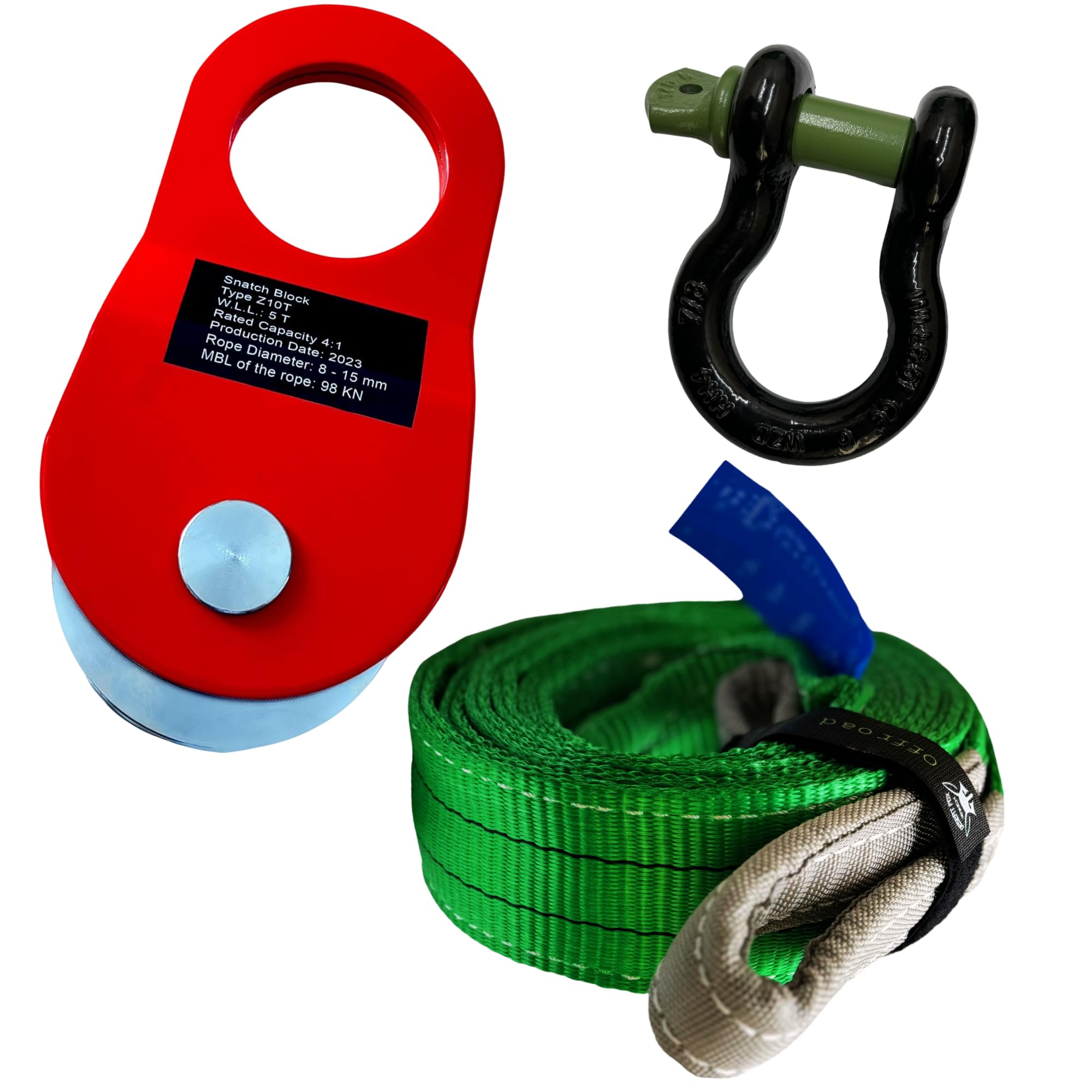 Bergeset - mit Umlenkrolle, Schäkel und Bergungsgurt - Abschleppgurt ideal als Abschleppset für Bergungen oder als Forstset (Umlenkrolle10T I Schäkel 7/8 I Bergegurt 1,5 m)