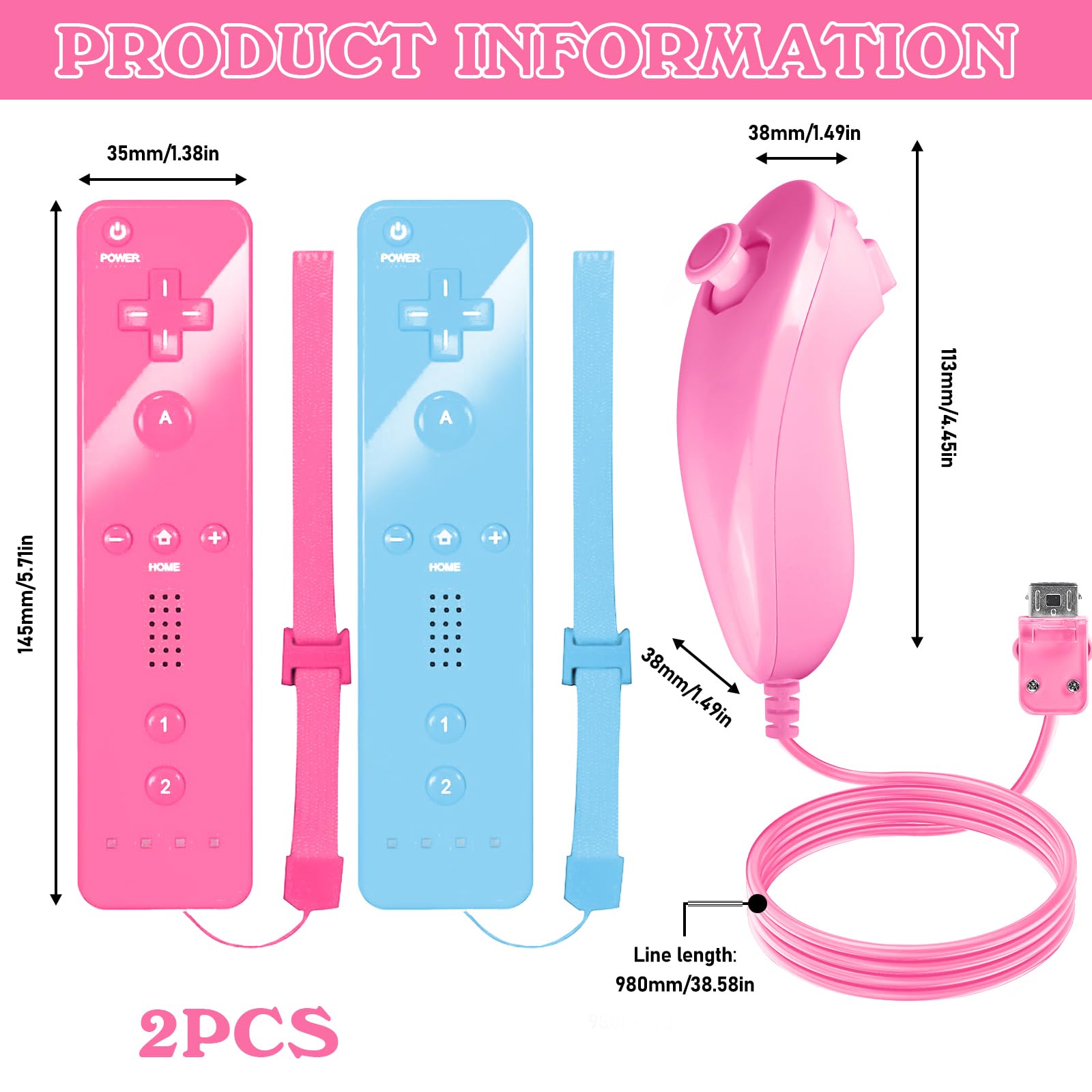 Keltorio Pack de 2 manettes Wii Remote : Manette Wii Remote avec Nunchuk, manette Nunchuk pour Wii Remote Plus, joystick de remplacement (Rose + Bleu)