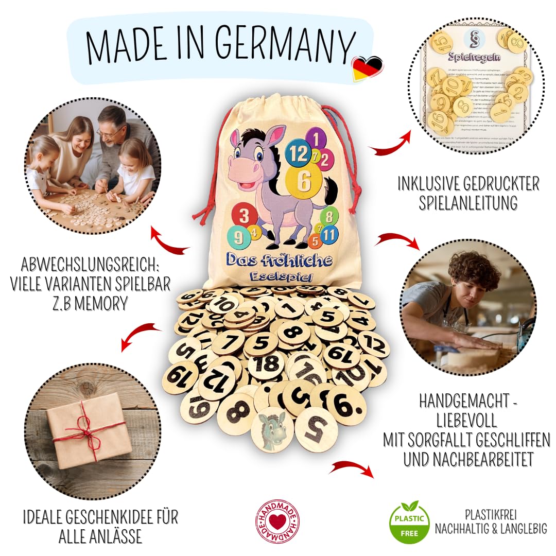 Mutou Das Eselspiel 2.0 – Volle Zahlen – 121 Teile aus Holz mit Stoffbeutel – Handgefertigtes Familienspiel - Lernspiel - Geschenk - Partyspiel - Gesselschaftsspiel - Reisespiel