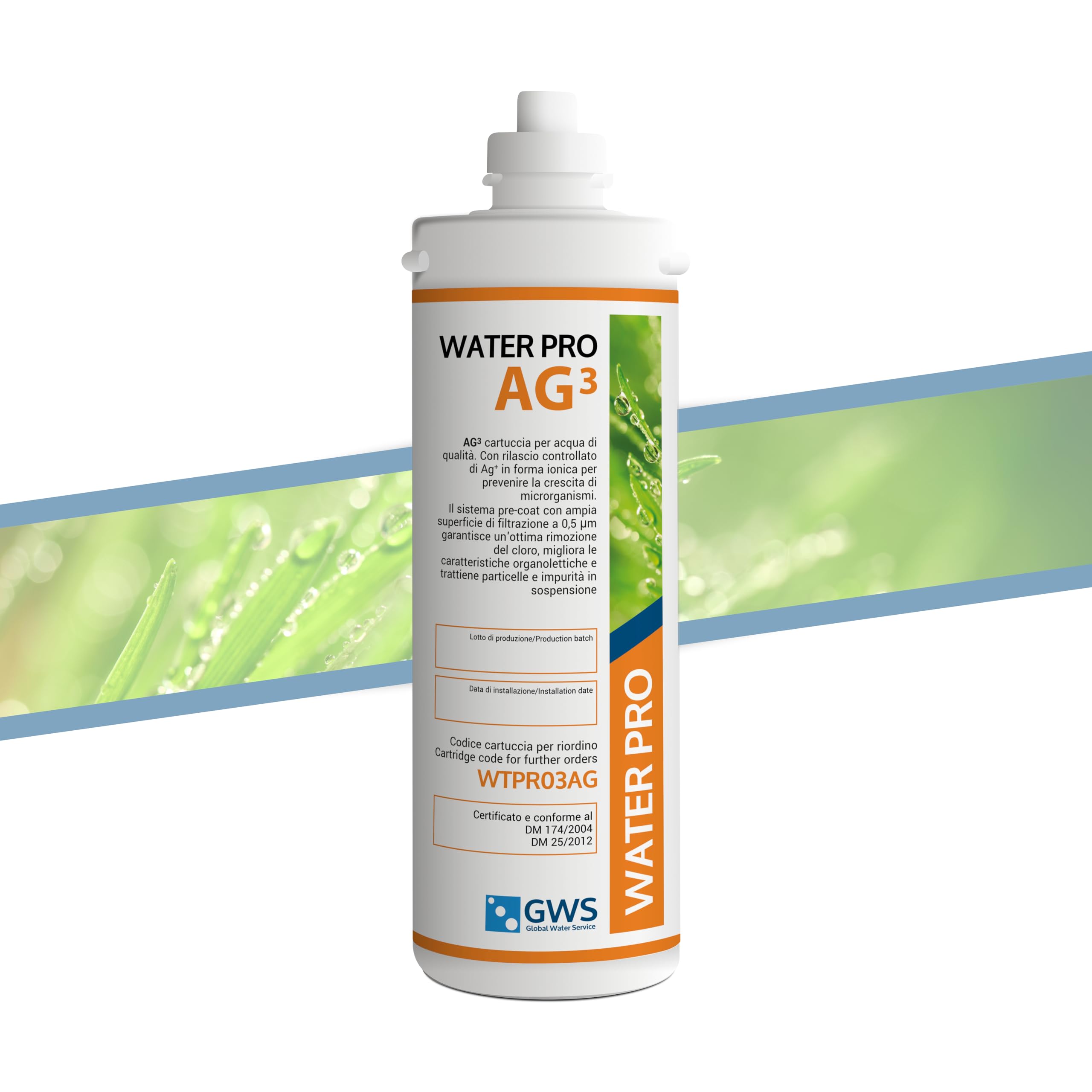 Filtro Water Pro AG03: carbon block argentizzato e membrana plissettata 0,5 µm. Capacità 5000 litri. Nessuna perdita di carbone, nessuna perdita di carico, grande portata, attacco a baionetta