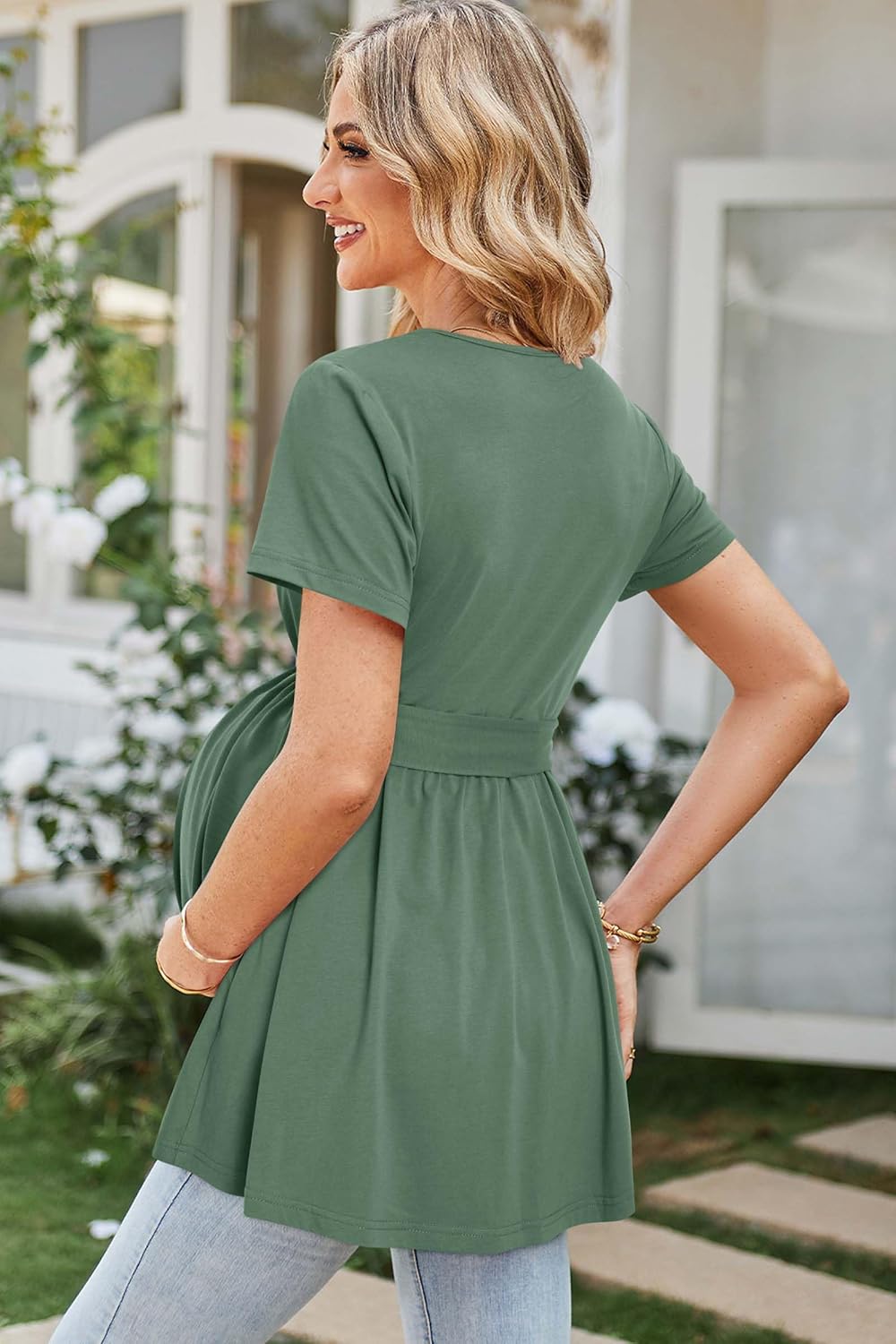 OUGES Women's Maternity Tunics Tops Shirts Long/Short Sleeve Wrap V Neck Nursing Maternity Clothes Casual Pregnancy Blouse - Image 5