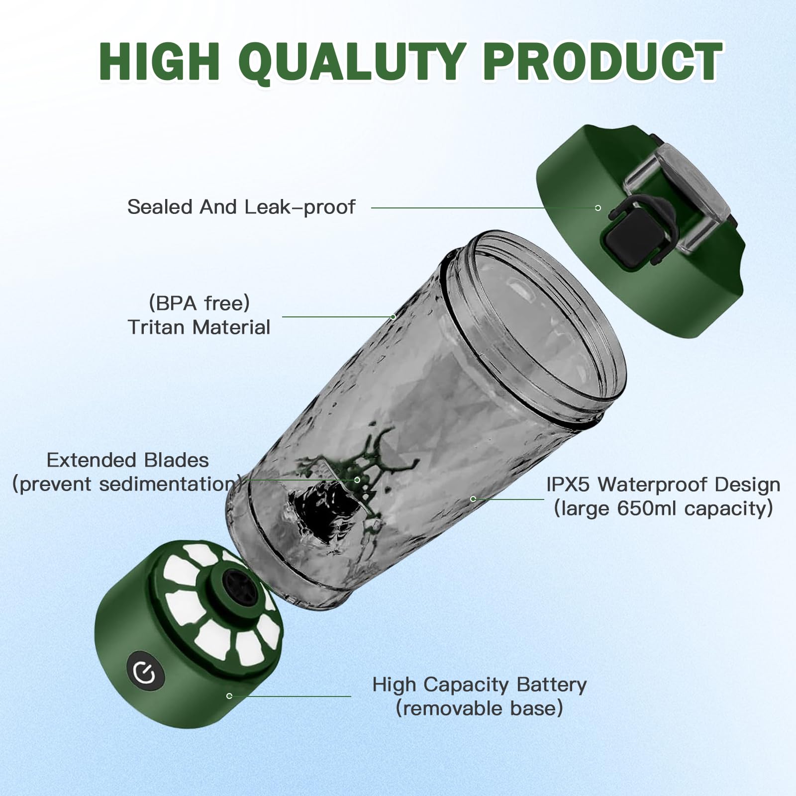 MeYuxg Shaker elettrico per proteine da 650 ml, senza fili, con funzione di miscelazione, bicchiere automatico con contenitore per polvere e spazzola per la pulizia, per sport, fitness e viaggio verde