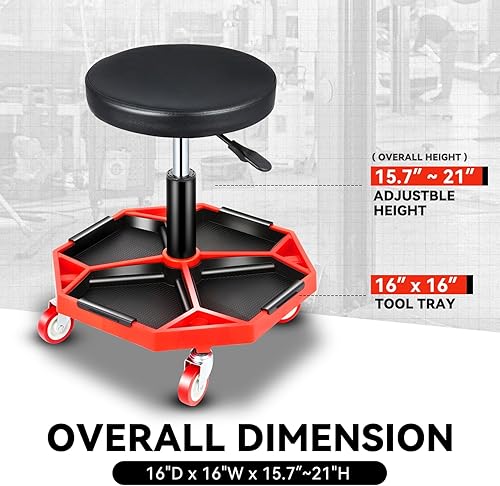 Miniatura 7 de Auto Dynasty Taburete mecánico, asiento de garaje neumático ajustable con bandeja de herramientas, asiento de rodillo de 300 libras para reparación