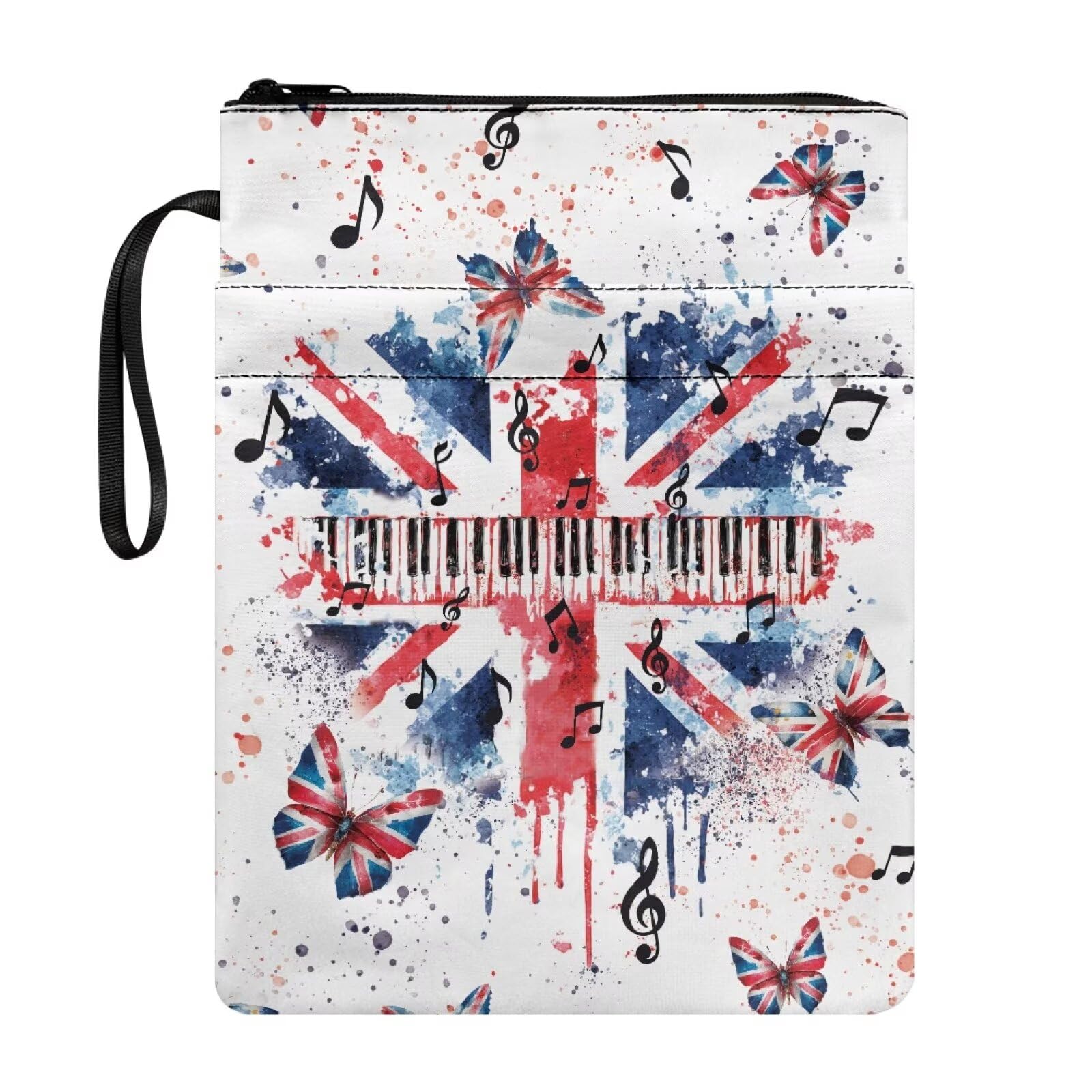 Poceacles UK Flag Book Sleeve with Pocket Zippered Paperbacks Pouch Cover, Textbook Bible Protector for Book Lovers Readers Friends, Union Jack Butterfly Musical Note Splash Print