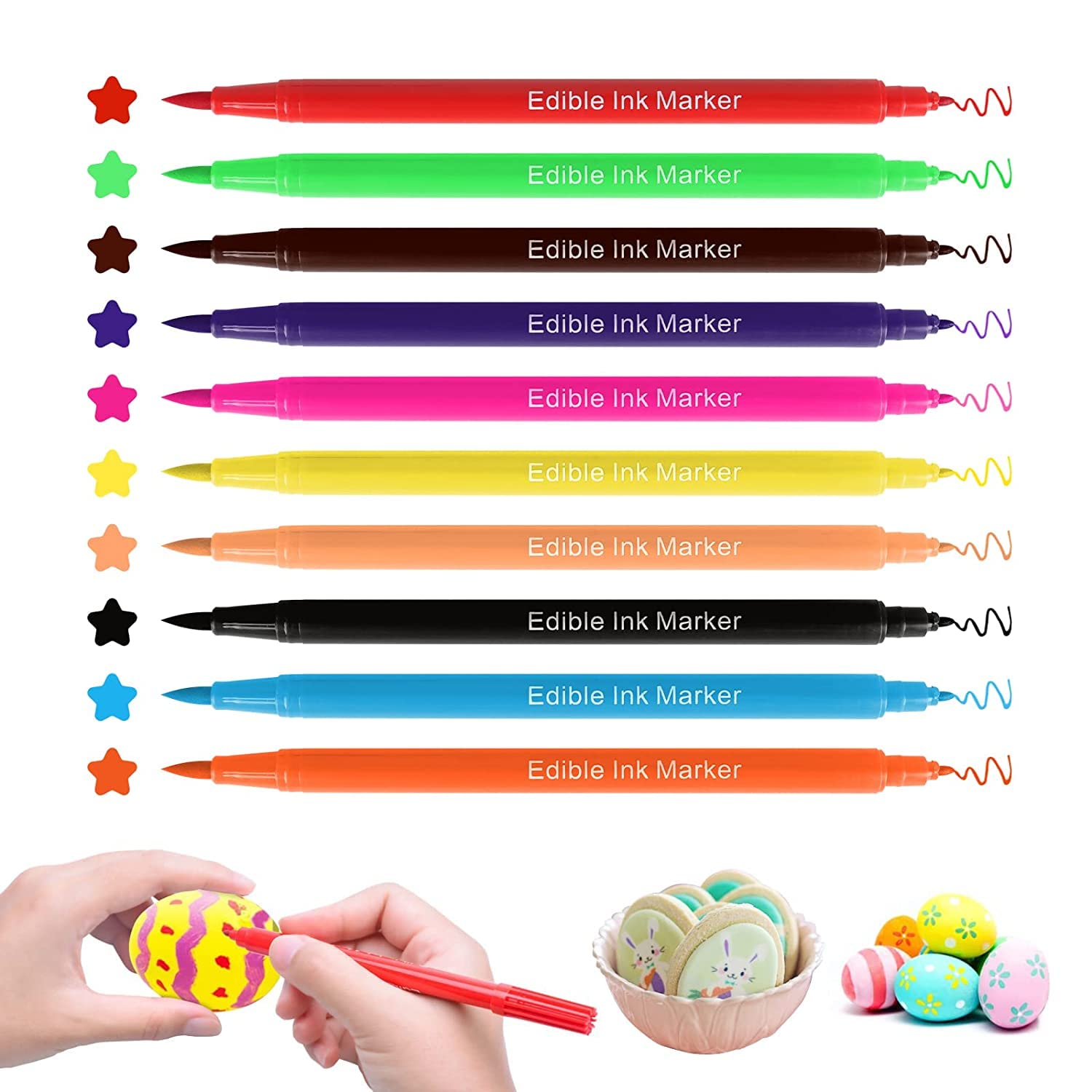 Premify 10PCS Edible Food Colour Pens,Double Sided Food Coloring Pens with Thick & Fine Tip, Edible Markers, Food Coloring Markers Gourmet Writers, for Cakes Decorating, Desserts, Easter Eggs