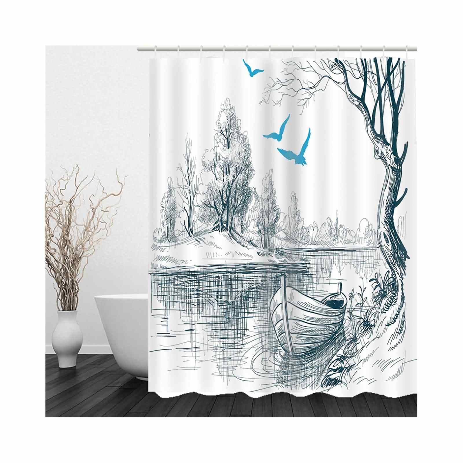 Tenda Doccia x Camper Tubo Vasca Bagno Fiume, Barca, Alberi E Uccelli Design Tessuto Impermeabile Nero Bianco Grigio 220x180cm