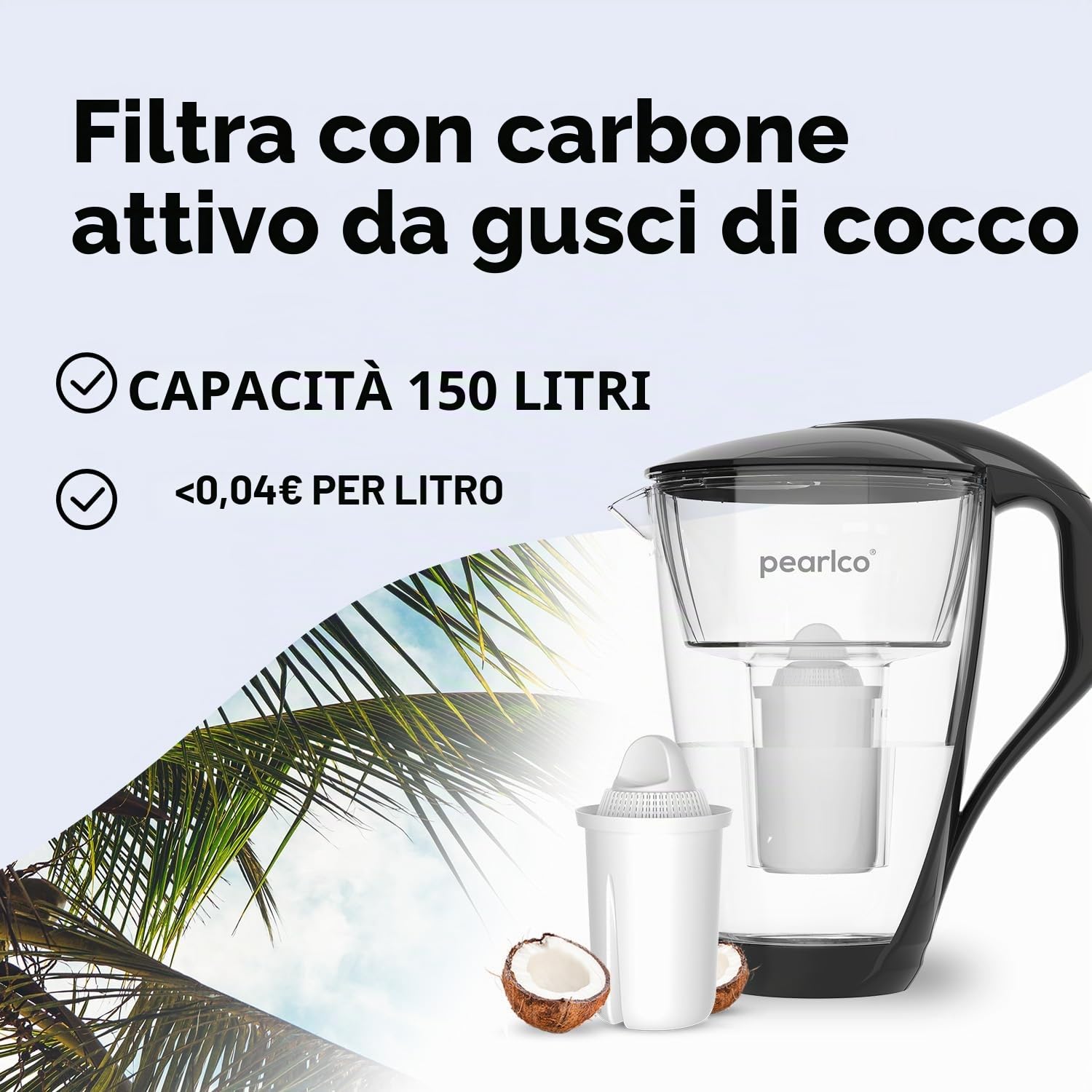 PearlCo, Caraffa filtrante in vetro, incluso un set di6 cartucce filtranti sufficienti per 6 mesi (compatibili con Brita classic) bianco