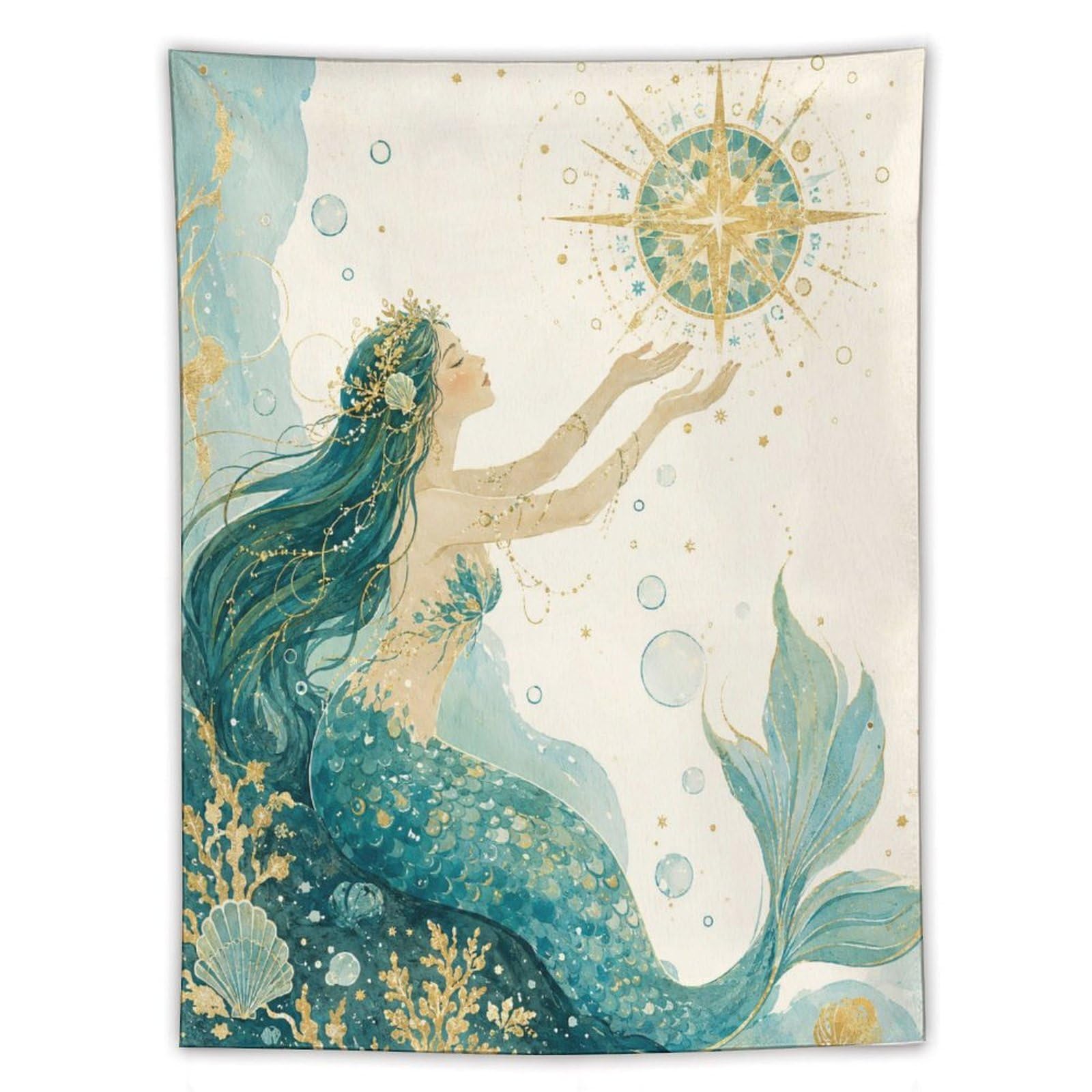 H3B8U2Y5 Mermaid with Golden Sun Wall Tapestry, Watercolor, College Dorm