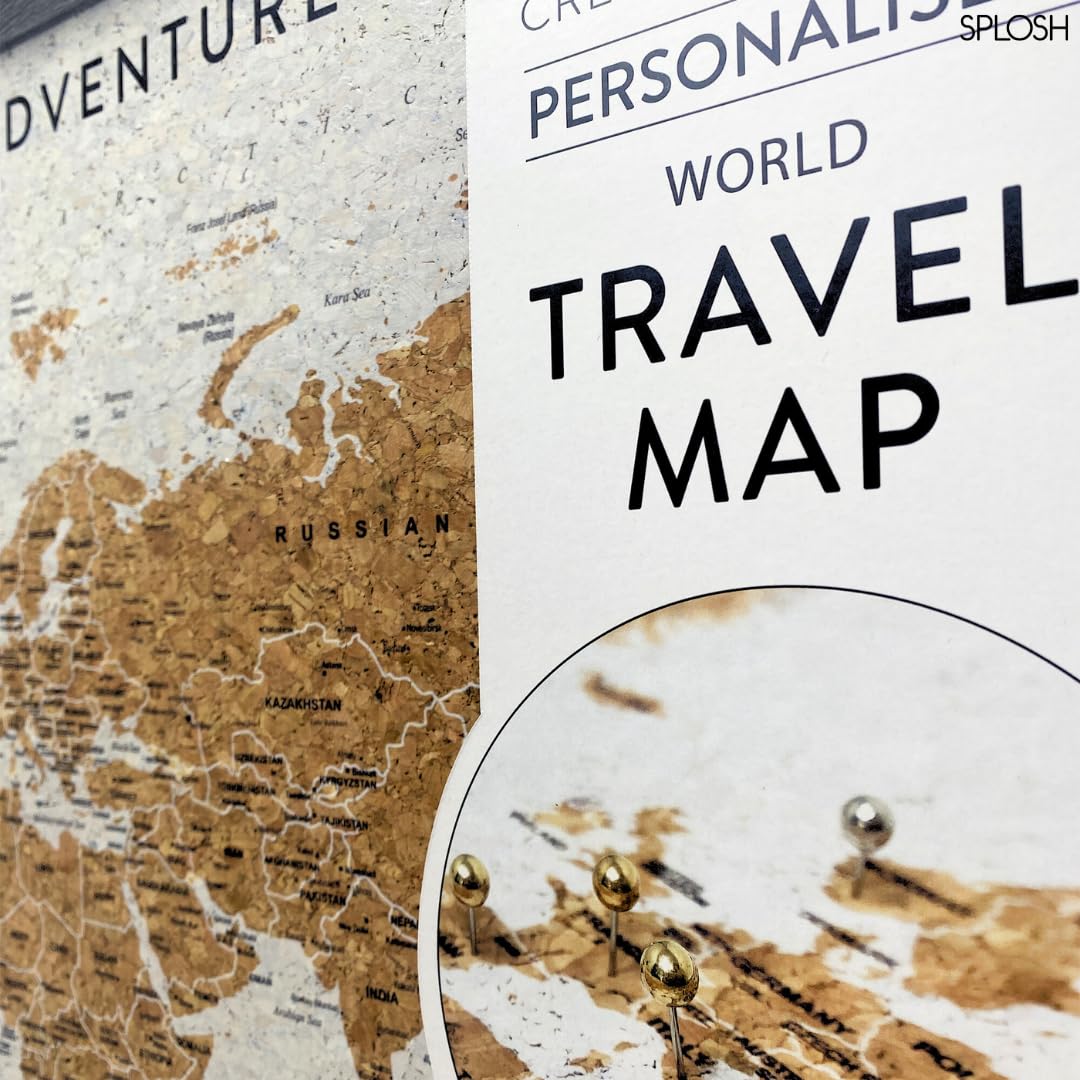 Splosh Mapa de Viaje Enmarcado - Tablero de Chinchetas de Madera Gris Mediano con 100 Chinchetas. Tablero de Corcho para Mapa de Viaje. Mapa del Mundo de Madera, Regalo de Viaje con Mapa de Corcho