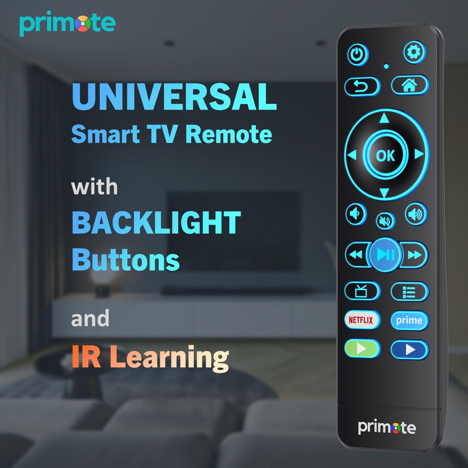 Mando a distancia universal de TV para todos los televisores inteligentes 4K/HD integrados FlRE y ROKU, con retroiluminación y aprendizaje por infrarrojos