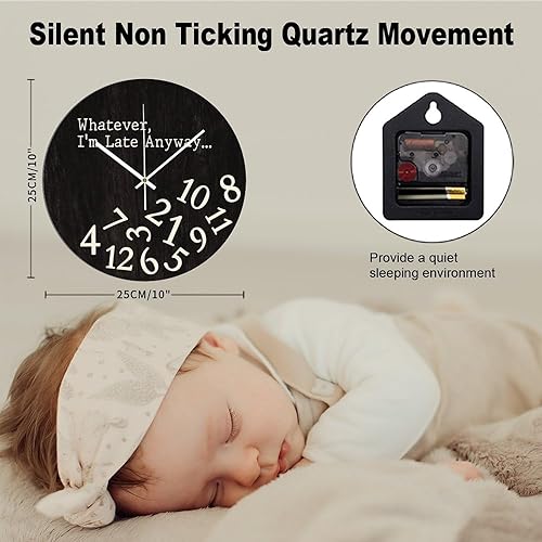 Miniatura 2 de Reloj de pared silencioso sin tictac relojes de madera con lo que sea que llegue tarde de todos modos... Reloj con pilas de 10 pulgadas, reloj