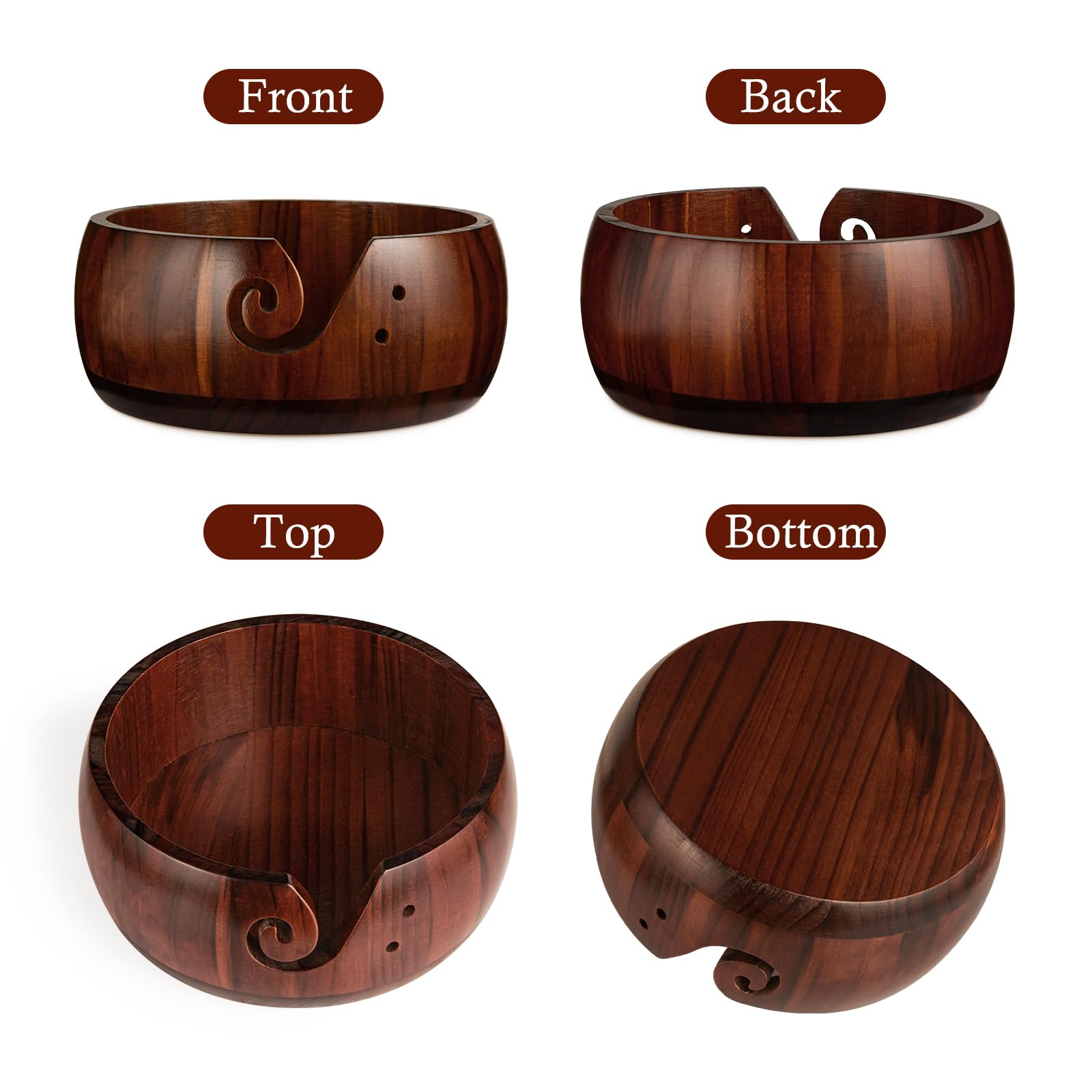 Wooden Yarn Bowl Holder, Craft Knitting Bowl with 8pcs Metal Crochet Hooks, 7.9''Large Yarn Holder Dispenser Yarn Storage Bowls, Gift for Knitters & Crocheters (Brown 7.9 inch)