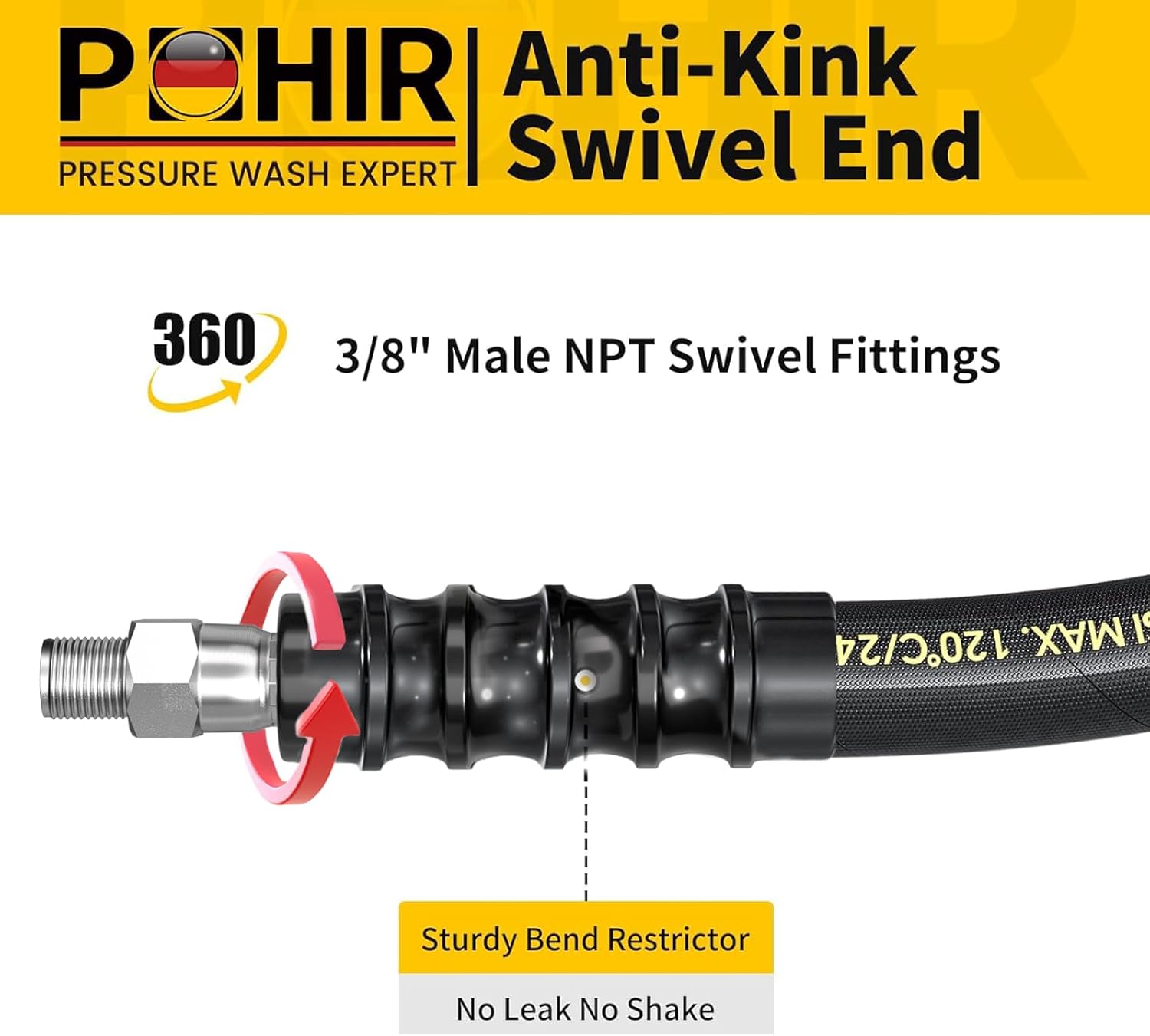 3FT Pressure Washer Whip Hose 4800psi 3/8'' Steel Wire Braided with 3/8'' Quick Connect Plug, Reel Connector Jumper Hose for Pressure Washing