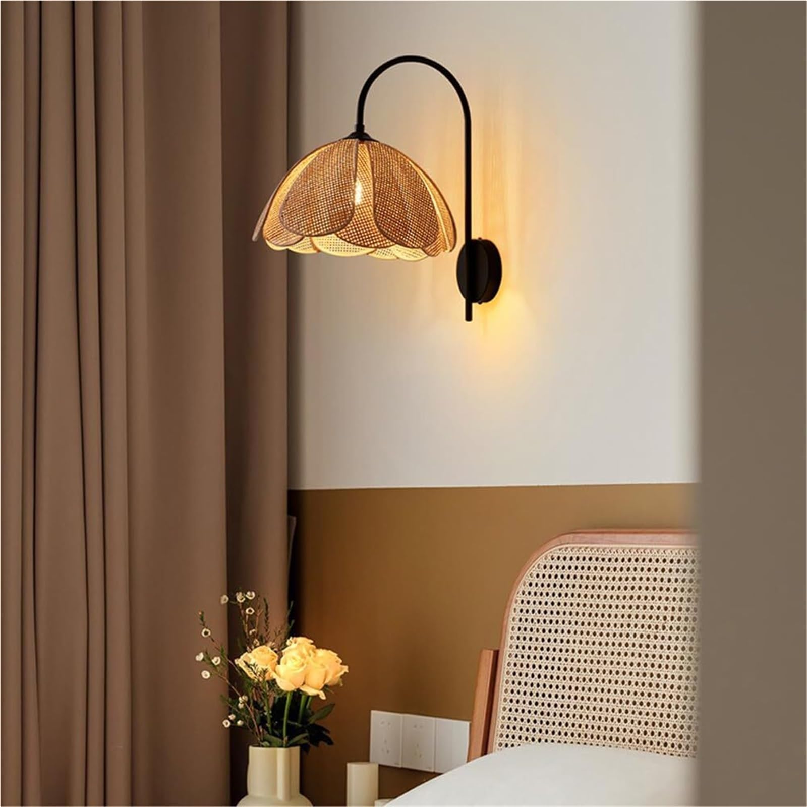 Générique Nowoczesna lampa ścienna do sypialni przedpokój salon duży kwiat czeski rattan ręcznie tkany wiklinowy czarny łabędź szyja na stolik nocny kuchnia oświetlenie ścienne