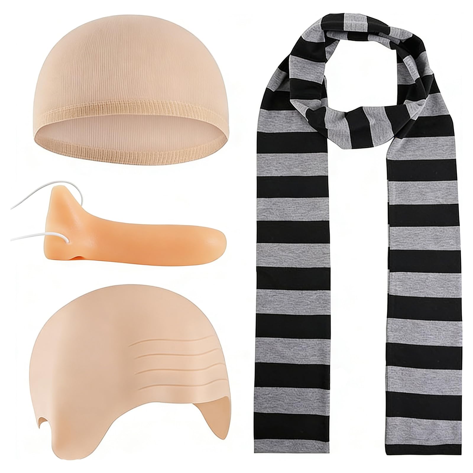 TXUJZP Bald Cap Carnival Costume Accessories Set, Skin Colour False Scalp with Long Nose, Black and Grey Striped Scarf, Hair Net Cosplay Fancy Dress for Adult Kids