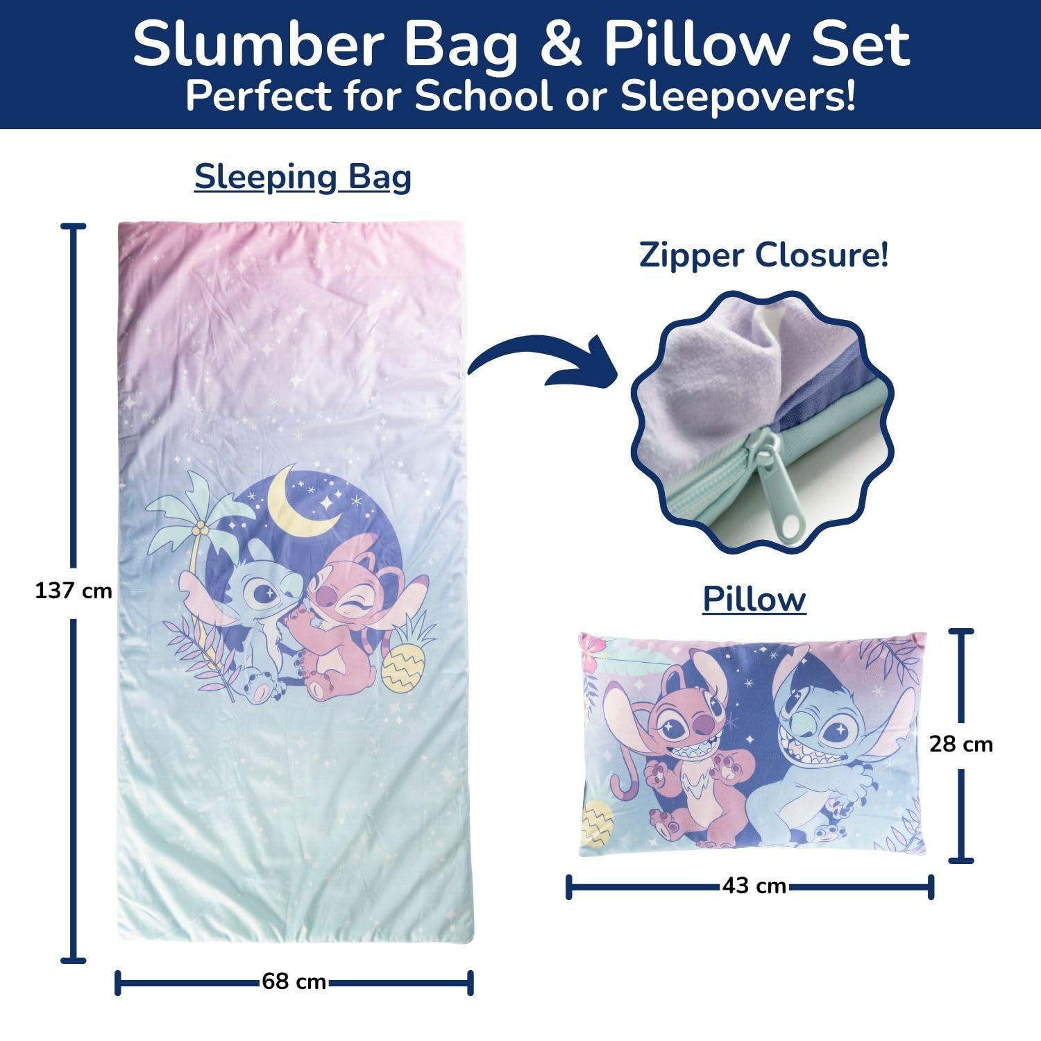 Set de 2 con Almohada y Manta de Lilo y Stitch Disney, Suave Saco de Dormir Infantil con Bolsa y Almohada, para Fiestas de Pijamas, Viajes y acampadas