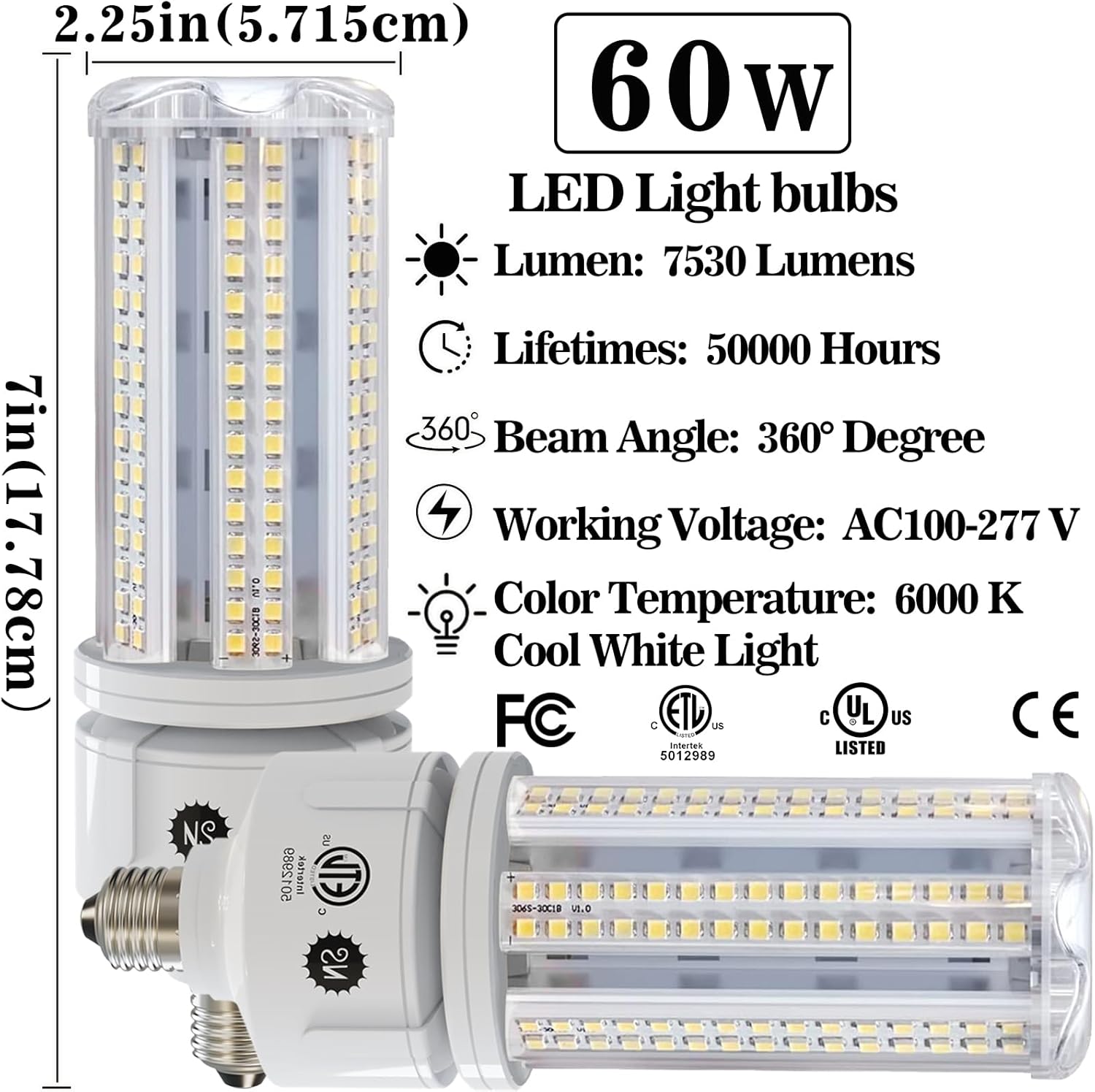 NS 600W Equivalent LED Corn Light Bulbs, 60W LED Light Bulb 7530LM, 6000K Daylight White, E26 Base, ETL Listed, 100-220V AC, High Brightness Energy Saving LED Bulb for Garage, Workshop, Warehouse