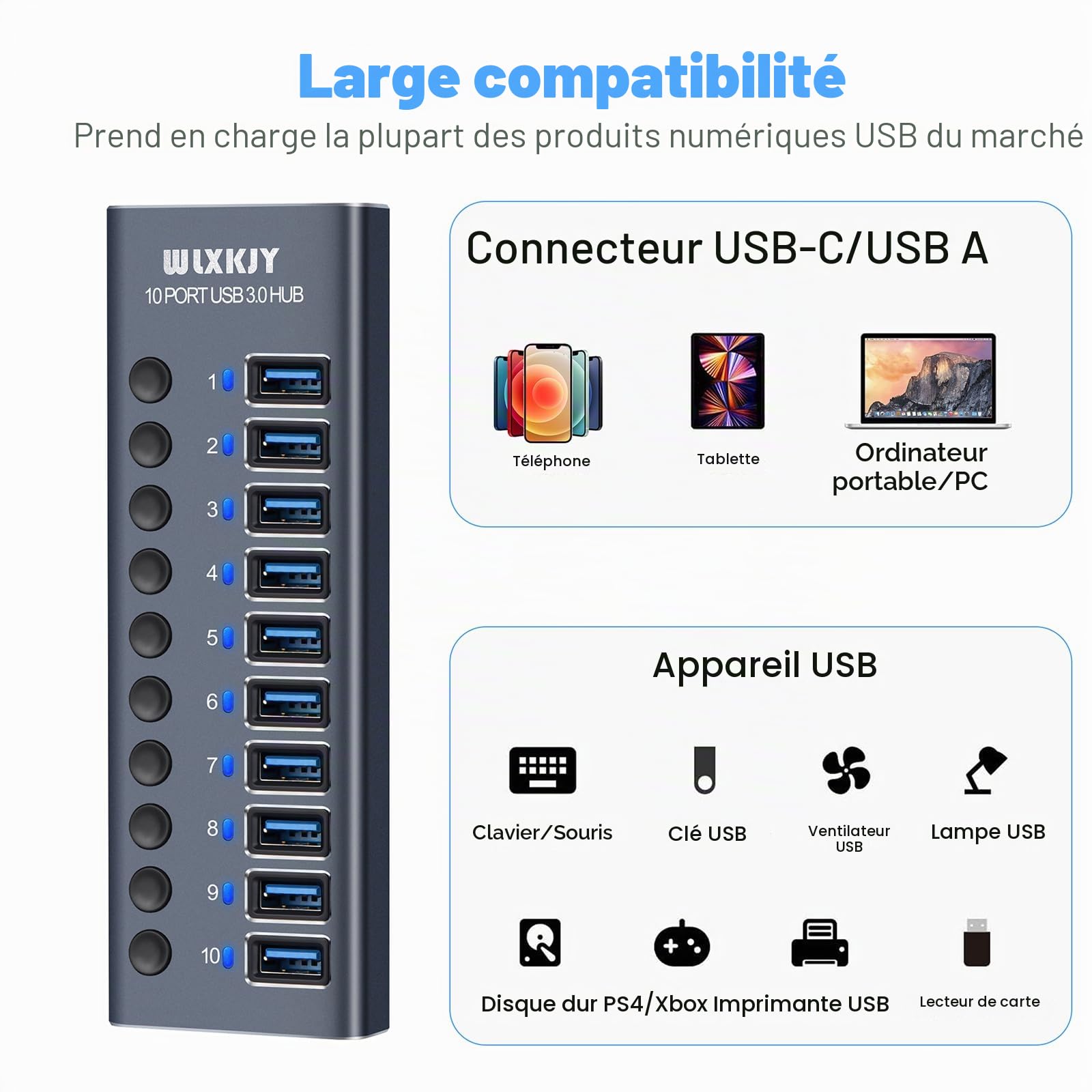 Aktiver Hub mit 72W (24V/3A) Netzteil, 10 Aluminium Ports USB 3.0 Hub zum Laden und Hochgeschwindigkeitsdatentransfer, Multiport USB 3.0 Splitter mit Einzelschaltern, USB-C Adapter