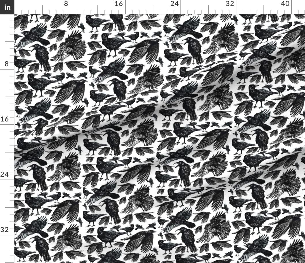 Spoonflower Fabric - Crows Black White Birds Fantasy Pen Ink Printed on Petal Signature Cotton Fabric by The Yard - Sewing Quilting Apparel Crafts Decor