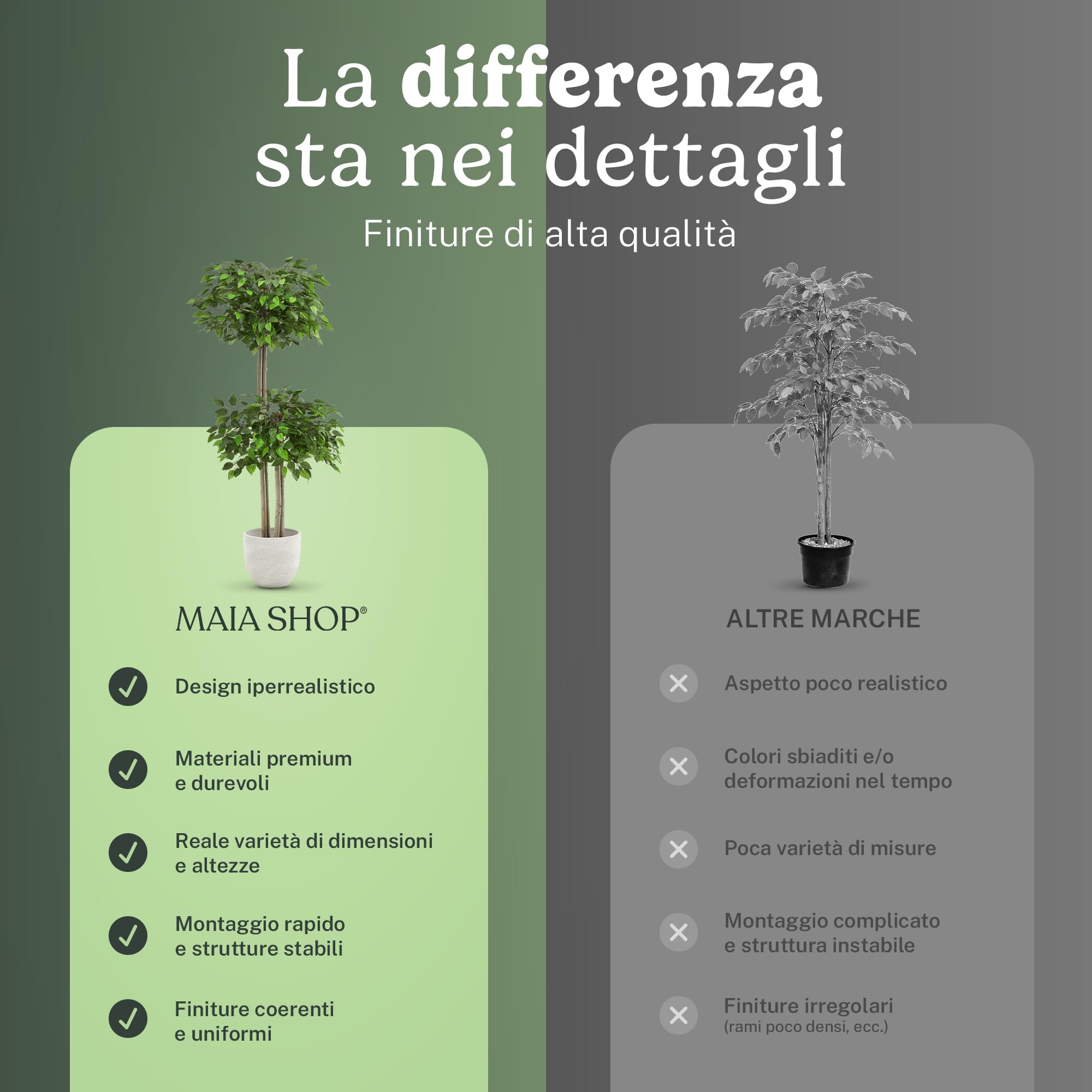 Piante Finte da Interno - Ficus Artificiale, 150 x 60 cm con 2 Chiome di Foglie, Albero Artificiale con Vaso in Plastica, Decorazioni Casa