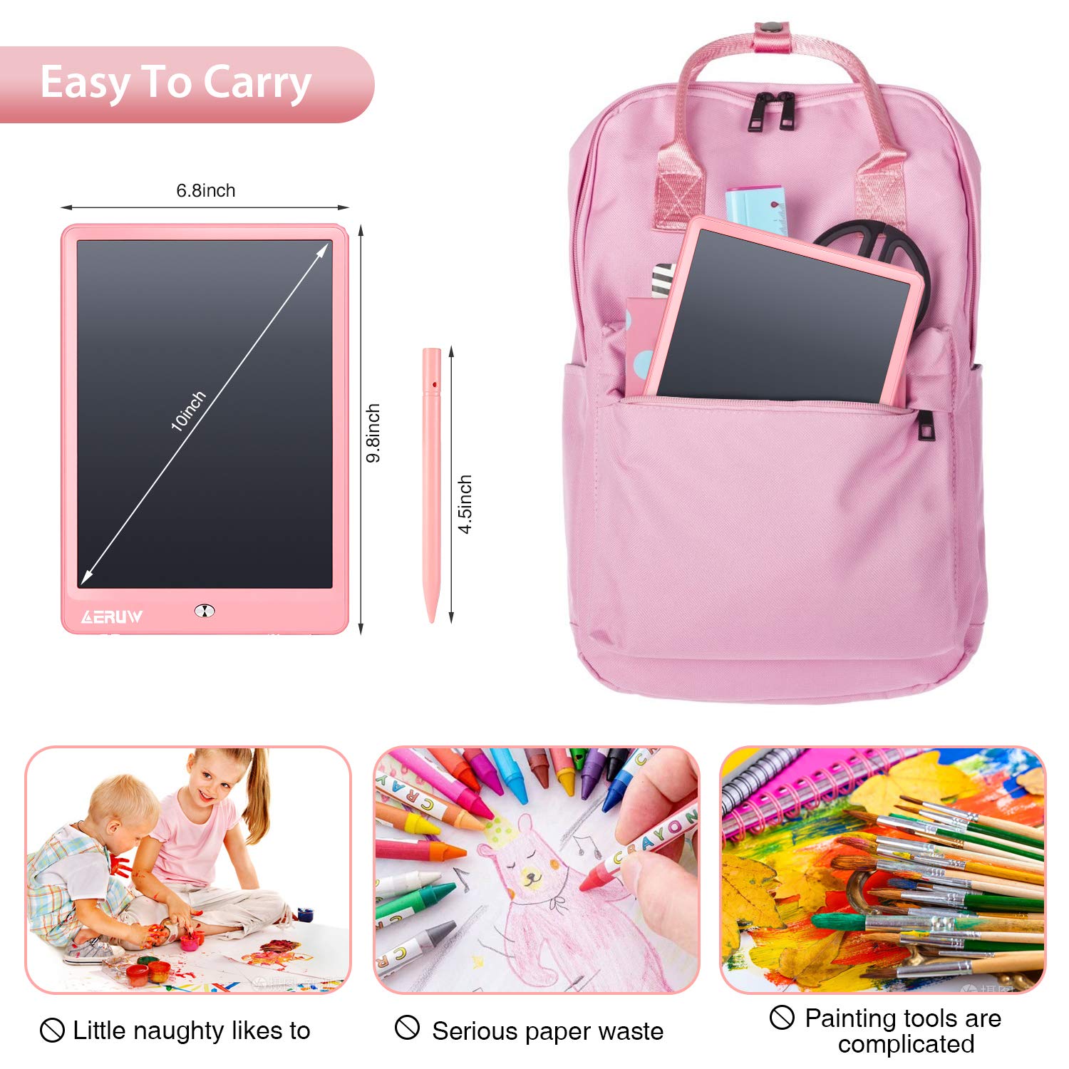 LCD Writing Tablet Colorful 10 Inch Electronic Graphics Doodle Board eWriter Drawing Pad with Memory Lock Gift for Kids & Adults Home School Office Handwriting Tablet -Pink — view 5