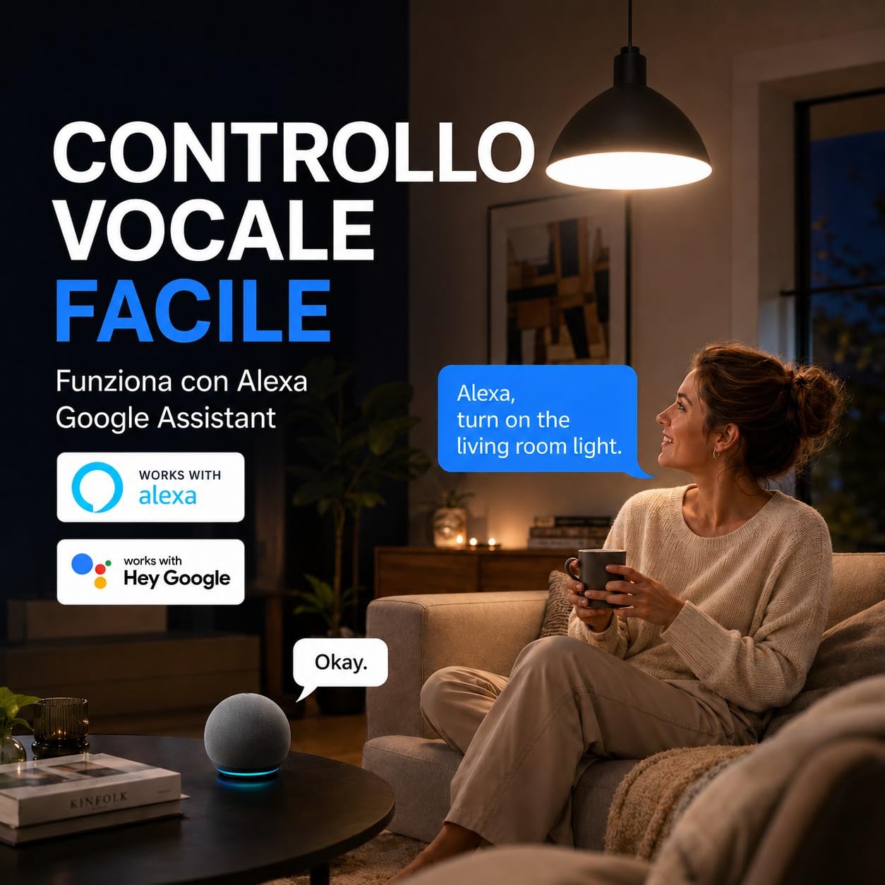 A woman interacting with an Amazon Echo device, demonstrating easy voice control with Alexa and Google Assistant for smart home devices.