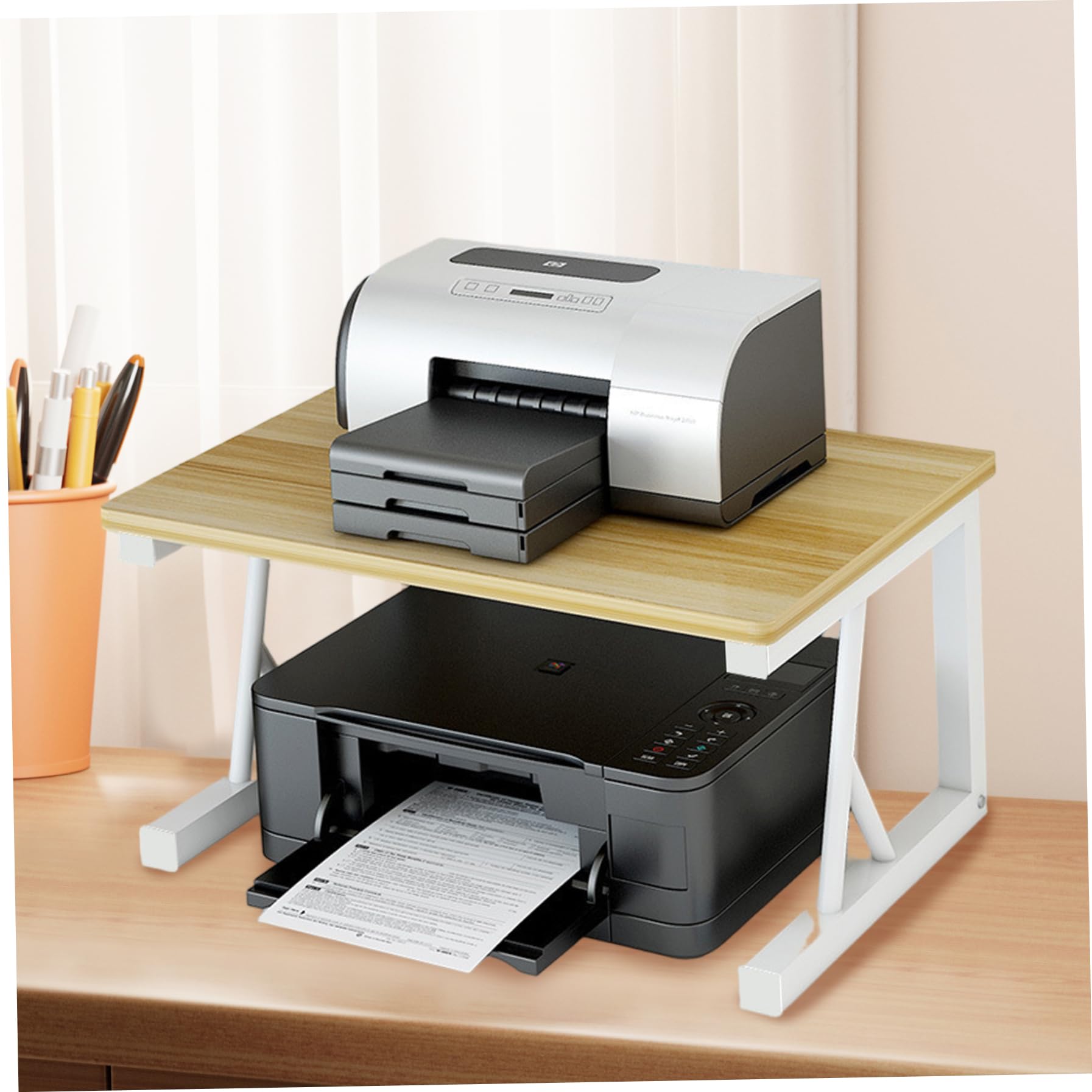 Soporte para impresora de 2 niveles para escritorio, estante de escritorio con marco de acero resistente, organizador de ahorro de espacio para oficina y hogar, almacenamiento debajo del monitor