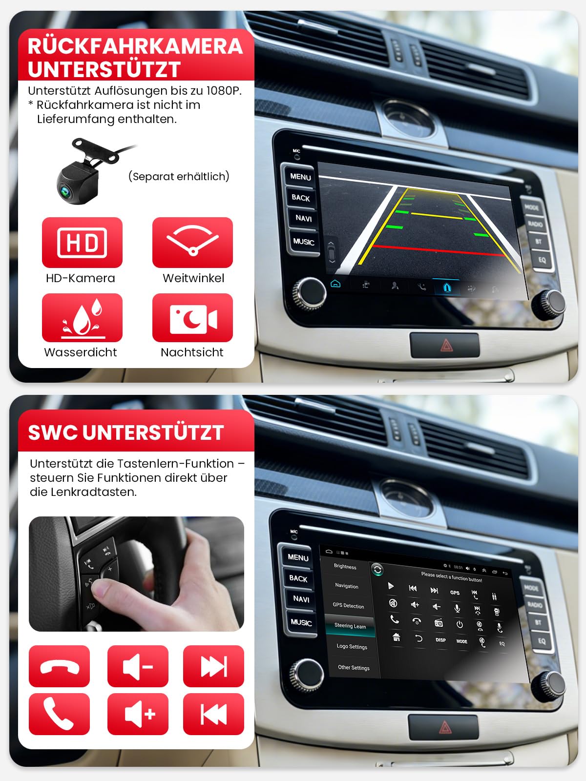 Doppel DIN Bluetooth Autoradio mit Bildschirm für VW Golf 5 6 T5 Polo 6R Caddy Passat Touran, Skoda, SEAT, Wireless CarPlay Android Auto Mirrorlink, 7" Auto Radio, 4+64GB, WLAN DAB+ FM GPS