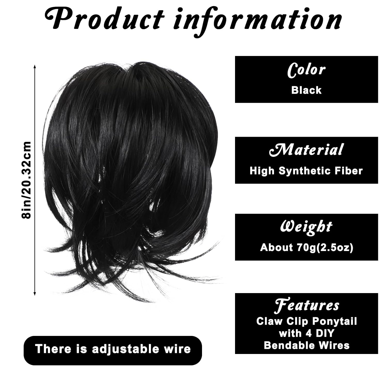 Claw Clip Short Ponytail Extension, 8 Inch Synthetic Hair with Bendable Wire, Fluffy Wavy Straight Heat Resistant Hairpiece for Women, Black Ponytail Extension for Daily Wedding Party Use