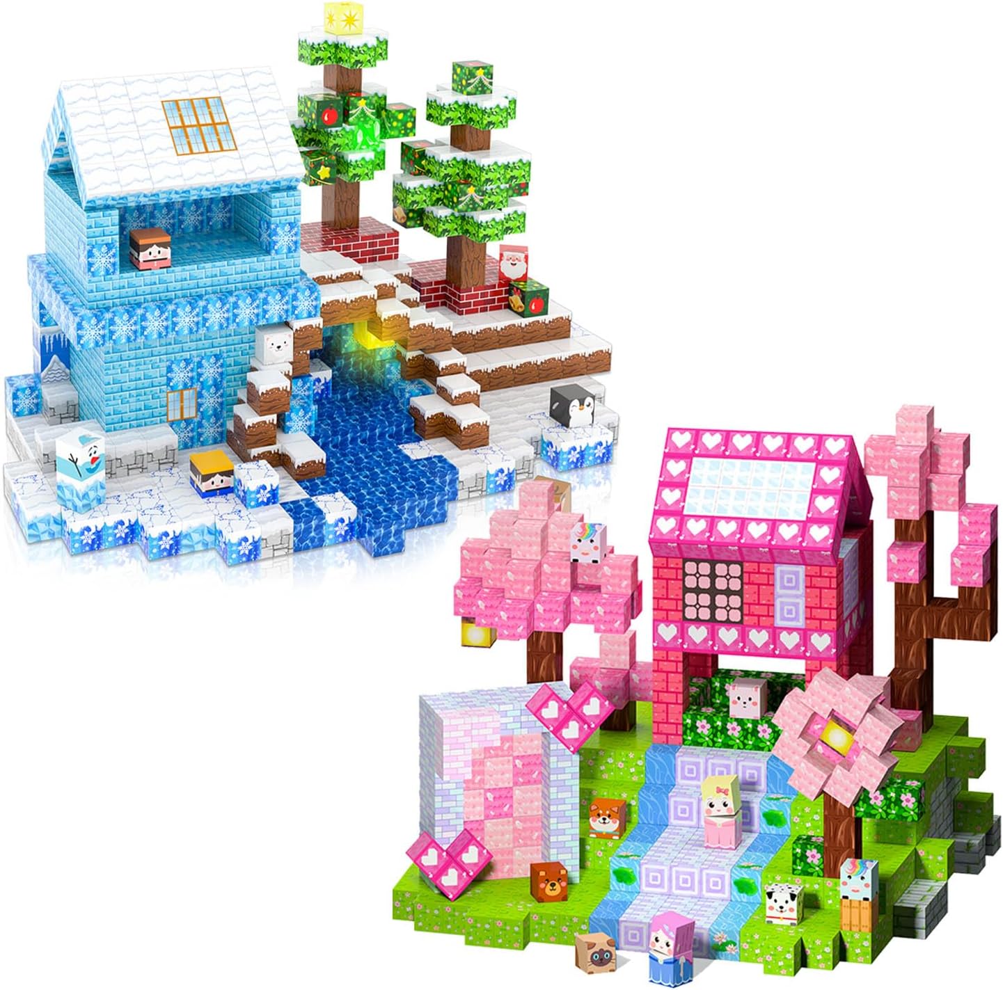 Winchoice 200PCS Magnetic Blocks Kids Building Toys for Boys Girls 3+, Floral Wonderland & ICY World Themes, STEM Magnet Construction Set in 2 Packs for Toddler Birthday Princess Gift