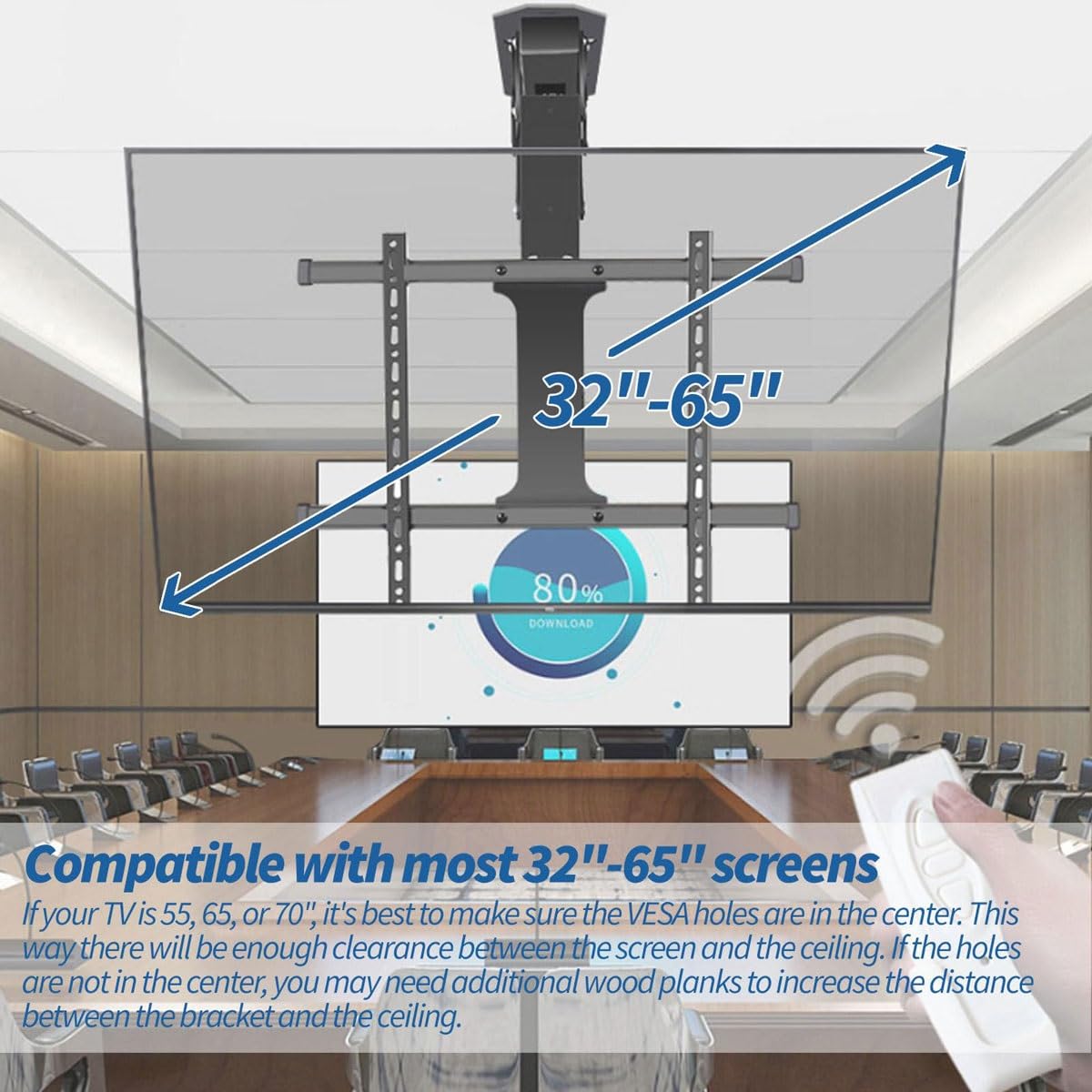 Soporte motorizado de techo para TV con control remoto doble, diseño abatible ajustable para techos planos e inclinados