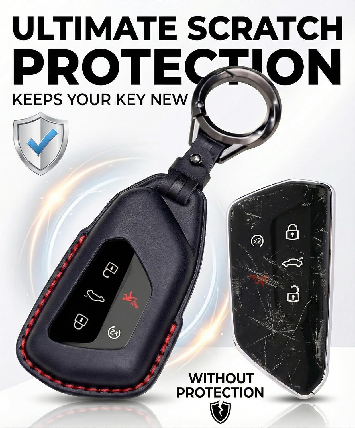 for VW Atlas Key Fob Cover Leather Car Remote Case Holder Keychain Compatible for Volkswagen Tiguan ID4 GTI MK8 Golf 2026 2025 2024 -Black
