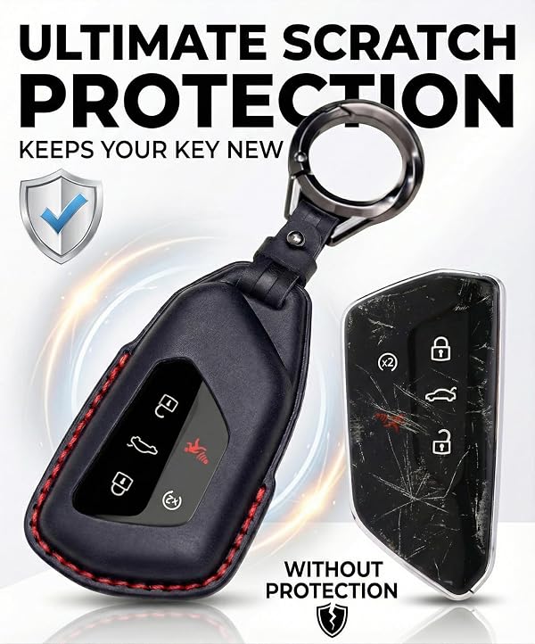 YONUFI for VW Atlas Key Fob Cover Leather Car Remote Case Holder Keychain Compatible for Volkswagen Tiguan ID4 GTI MK8 Golf 2026 2025 2024 -Black by YONUFI - Image 5