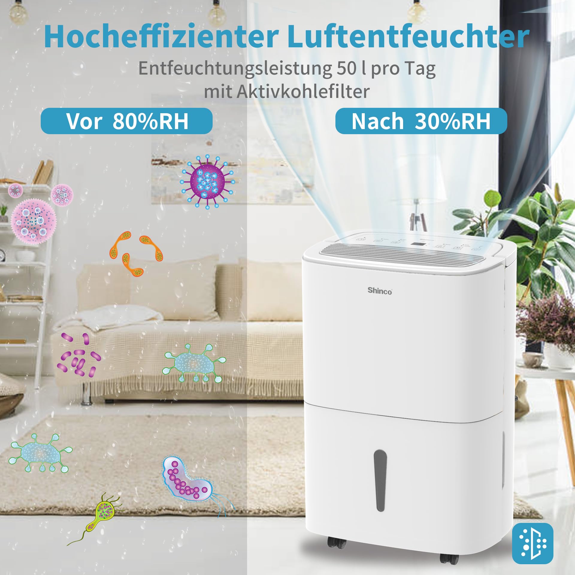 Shinco 50L Wifi elektrisch Luftentfeuchter mit APP&Pump,165m³/55m²,Entfeuchter mit 7L Wassertank,Aktivkohlefilter,Energieeinsparung,Automatischer Neustart,Timer,Ablaufschlauch,Wäschetrocknerfunktion