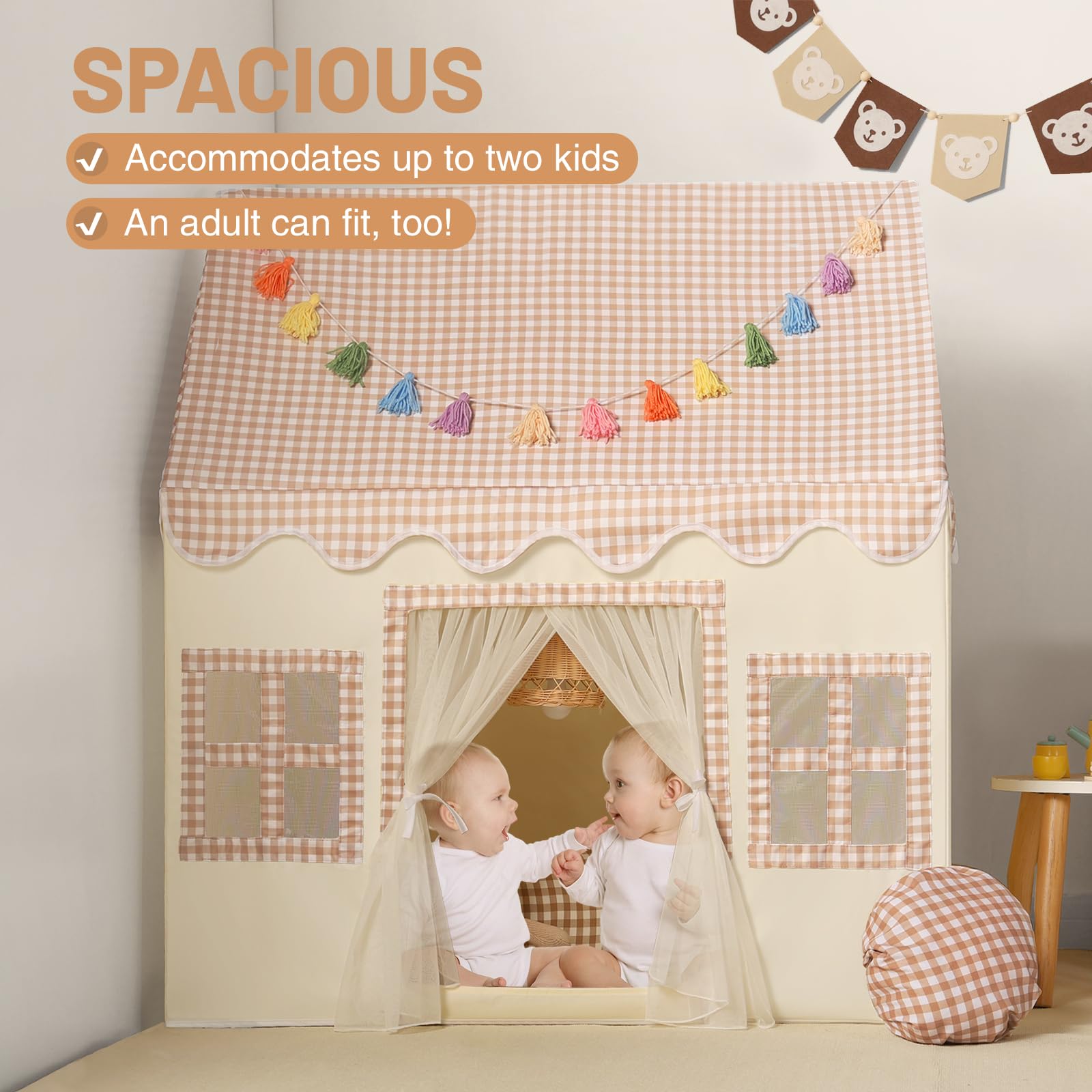 Wilwolfer Tienda de campaña Infantil: Jugar en Interiores y Exteriores - Tipi Casita Infantil con Guirnalda de borlas y Alfombra - Casa Grande para Niñas y Niños