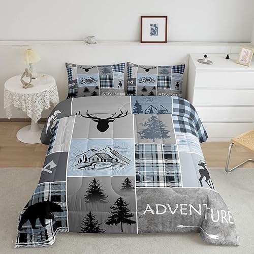 Juego de edredón de cabaña, juego de ropa de cama rústica de oso y ciervo, tamaño matrimonial para niños, adolescentes y adultos, edredón de