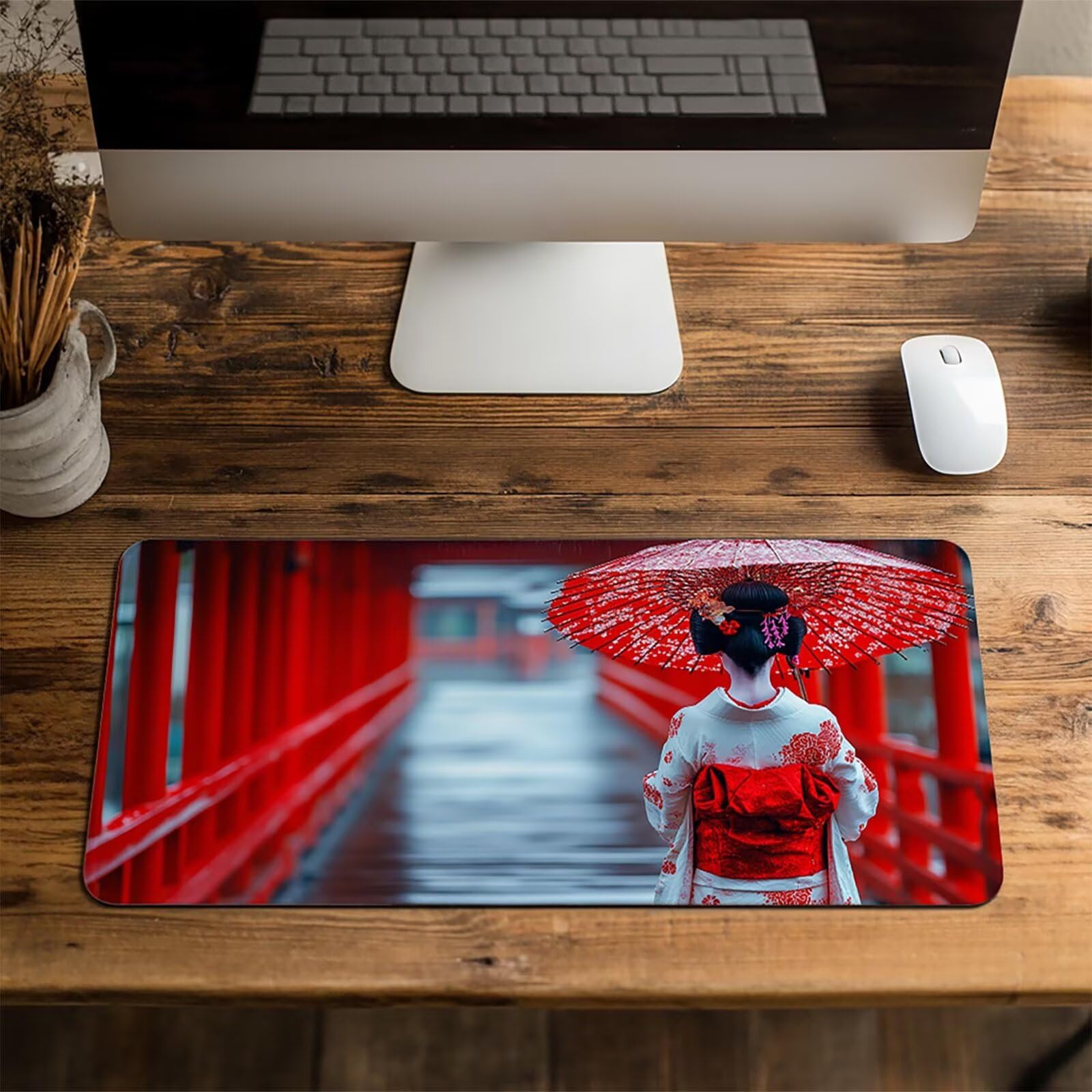 Podkładka pod mysz dla graczy, japońska gejsza XXL, 100 x 50 x 0,3 cm, wodoodporna, podkładka na biurko, szyte krawędzie, antypoślizgowa, gumowa podstawa, podkładka pod mysz dla graczy, FSBD-7682