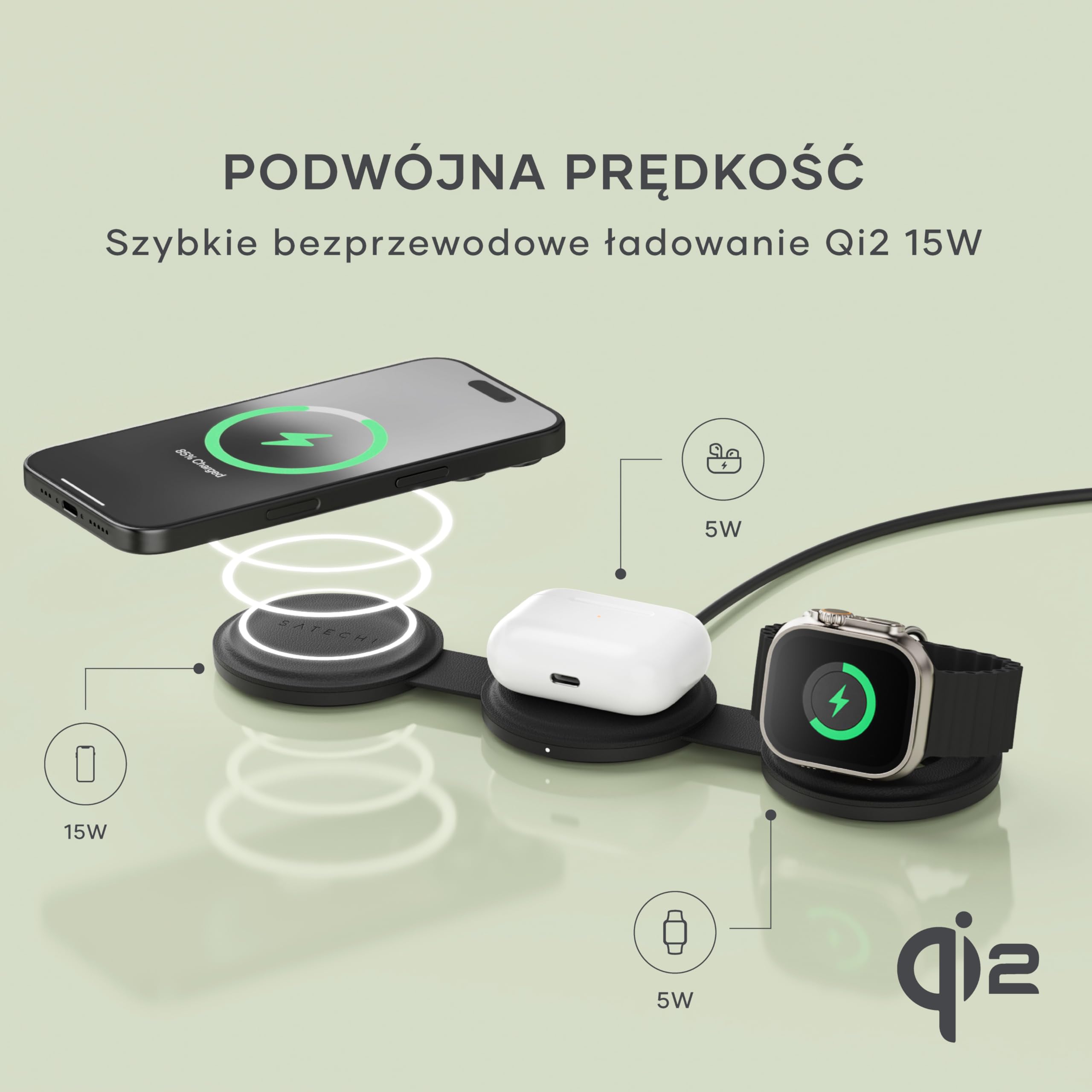 SATECHI składana ładowarka Qi2 OntheGo™ 3 w 1, 15 W, czarna | 15 W dla iPhone’a, 5 W dla Apple Watch i AirPods, kompaktowa konstrukcja podróżna; zasilacz USB-C wymagany osobno – min. 36 W