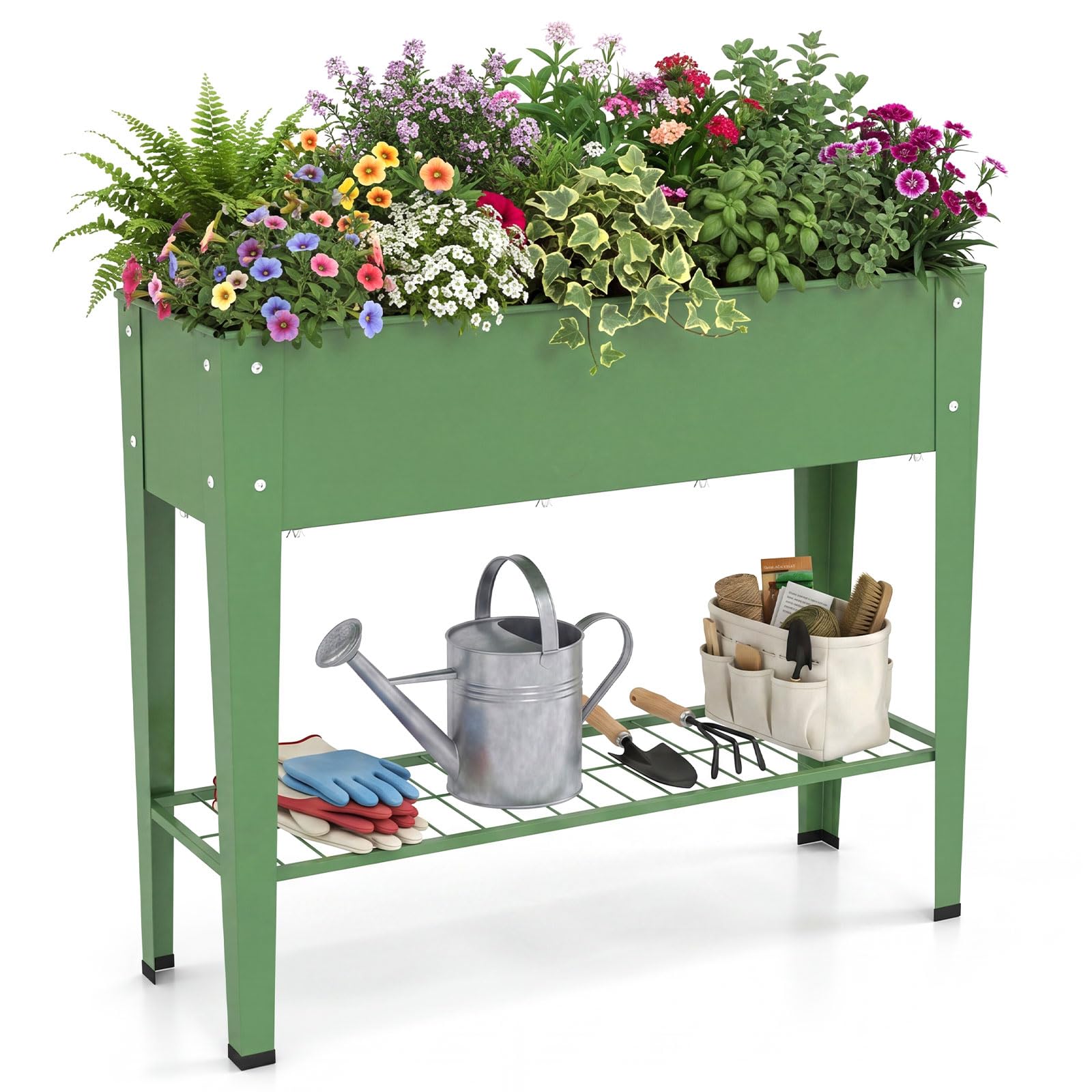 COSTWAY Huerto Urbano de Metal, Jardinera Elevada con Estanta de Almacenamiento de Malla, Agujero de Drenaje, Raised Garden Bed para Terraza Patio Jardín, 95 x 31 x 80 cm, Verde