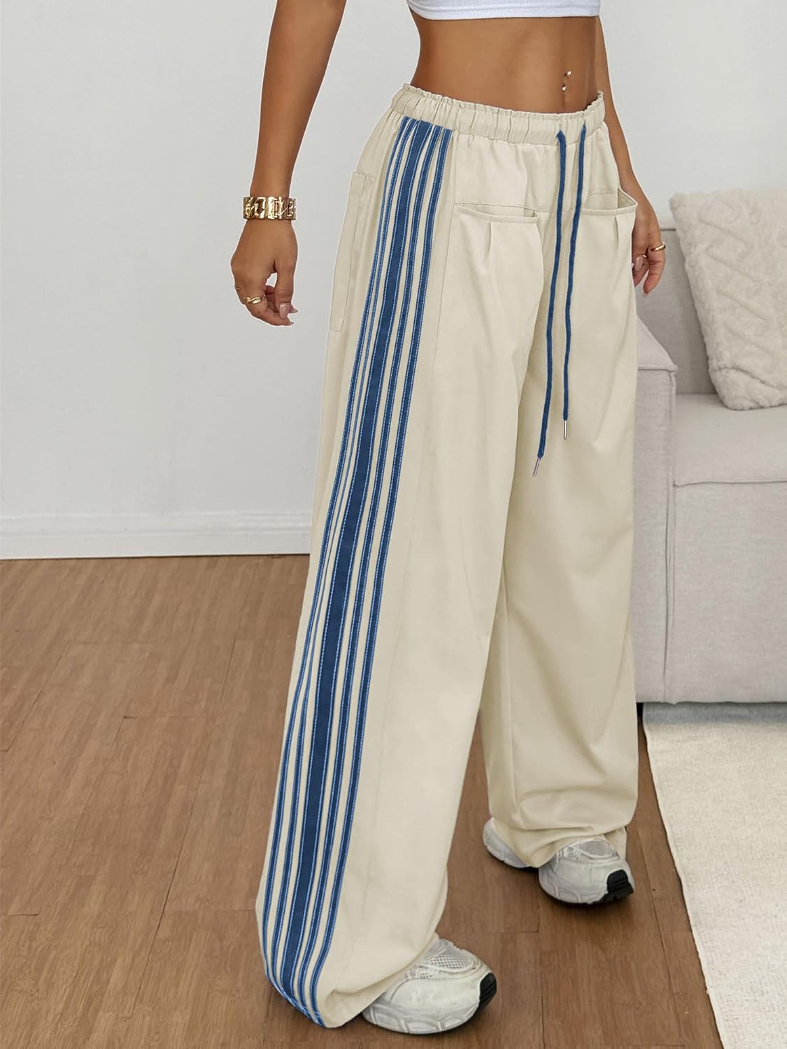 ZAFUL Women's Colorblock Straight Casual Pants Drawstring Slouchy Palazzo Pant Side Striped Lounge Trouser with Pockets - Image 4