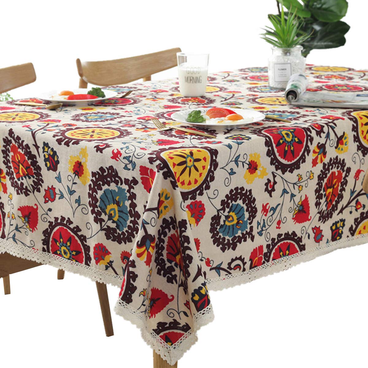Bettery Home Bohemian Style Rectangle Tablecloth Cotton Linen Lace Floral Table Cloth for Kitchen Dining Room Tabletop Decoration, 55