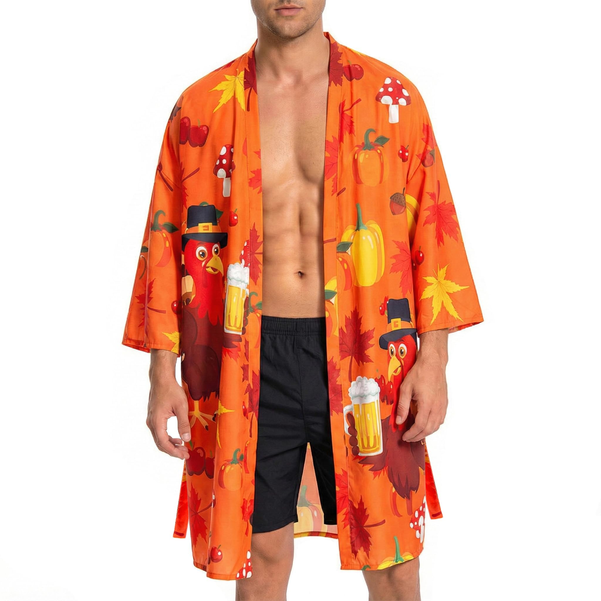 OLAOLA Men Lightweight Kimono Robe with Belt Japanese Style Robe Jacket Casual Open Front Long Cardigan Cape Coat Outwear